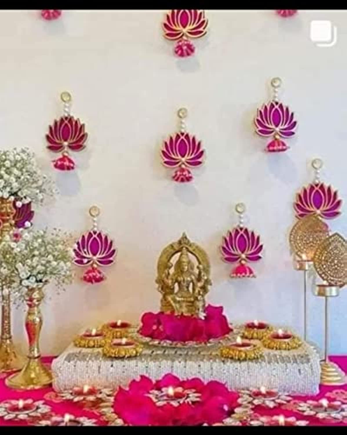 Divyakosh Lotus Hanging for Decoration | Handmade Wall Decor with Jhumki Style | Set of 6 Pink/Rani | Export Quality Lotus for Home, Temple & Pooja Room Decor | Diwali, Wedding & Festival Decoration