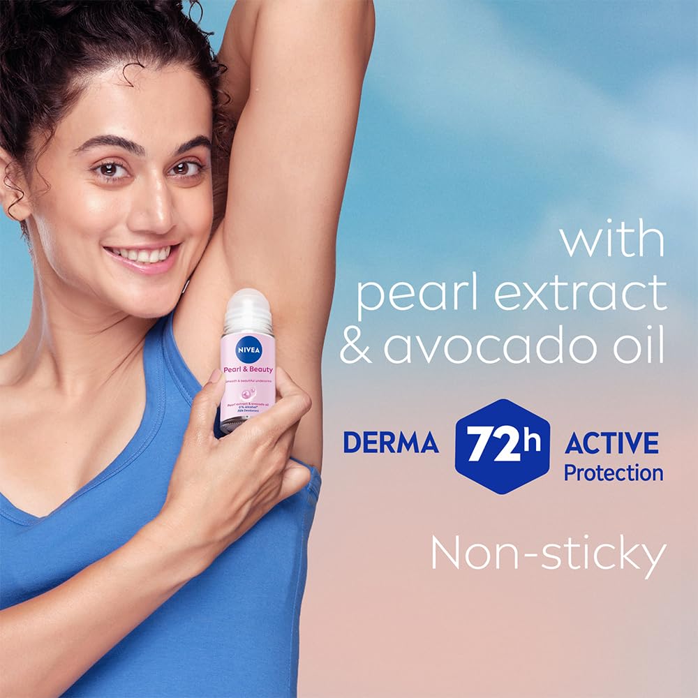 NIVEA Pearl and Beauty 50ml Deo Underarm Roll On | With Pearl Extracts & Avocado Oil | 72 H Long Lasting Floral Scent | 0% Alcohol and Dermat Approved | For Women image 4
