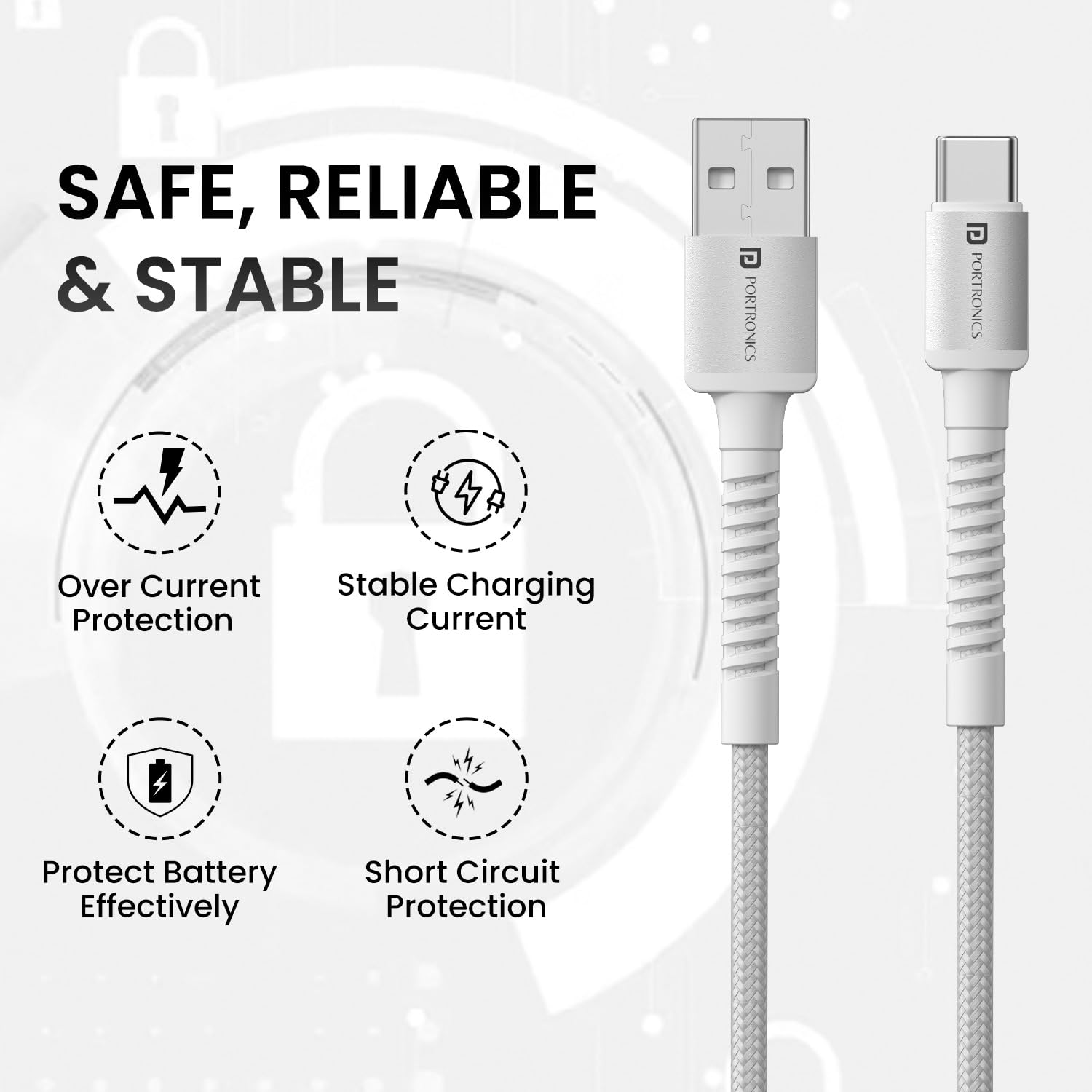 Portronics Konnect X USB to Type C Cable with 3A Output, Fast Charging & Data Transfer, Nylon Braided, Aluminium Alloy Shell, 1M Length compatible with Type C Smartphones(White) image 2