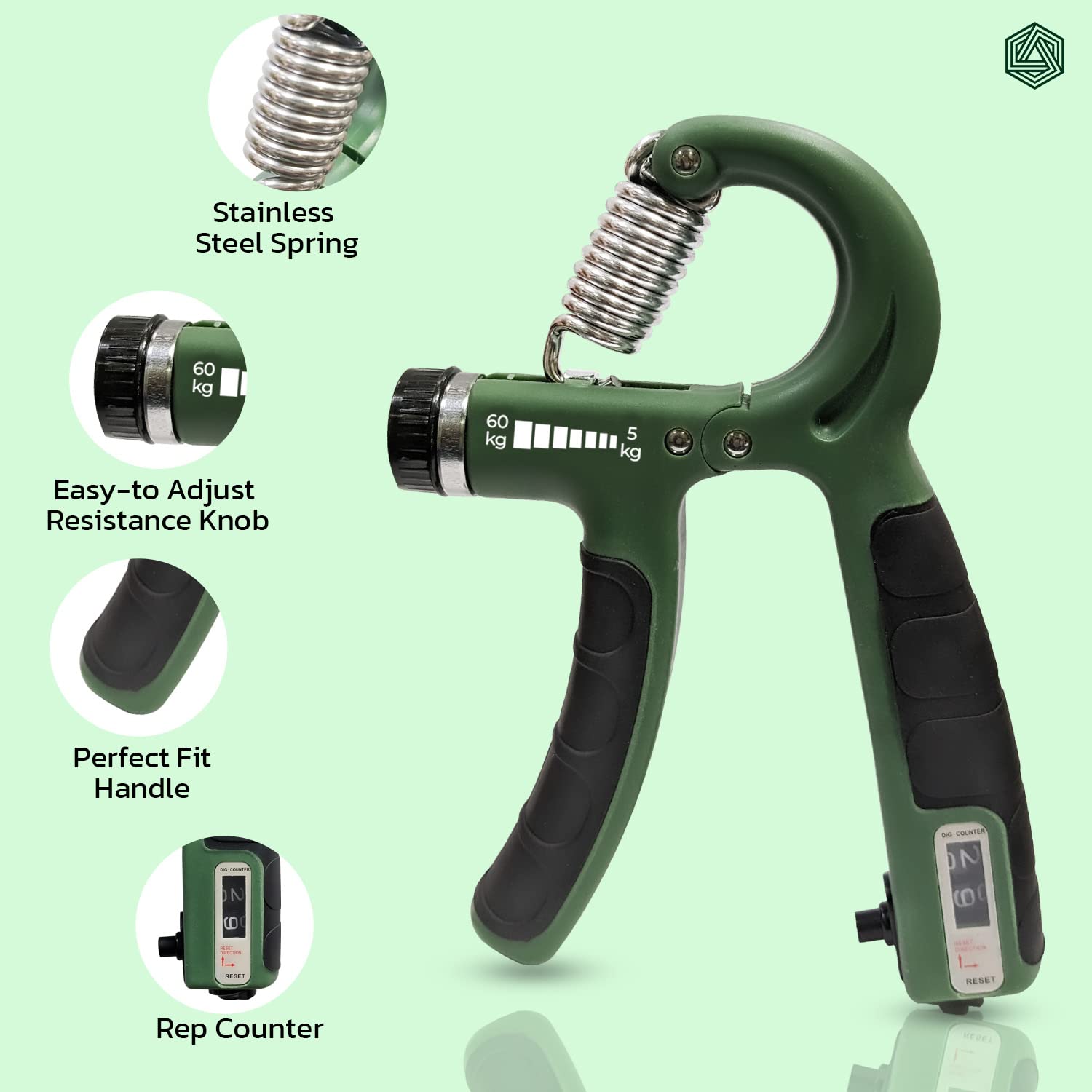 Boldfit Adjustable Hand Grip Strengthener, Hand Gripper With Counter for Men & Women for Gym Workout Hand Exercise Equipment for Forearm Exercise, Finger Exercise Power Gripper - Army Green - 60kg image 3