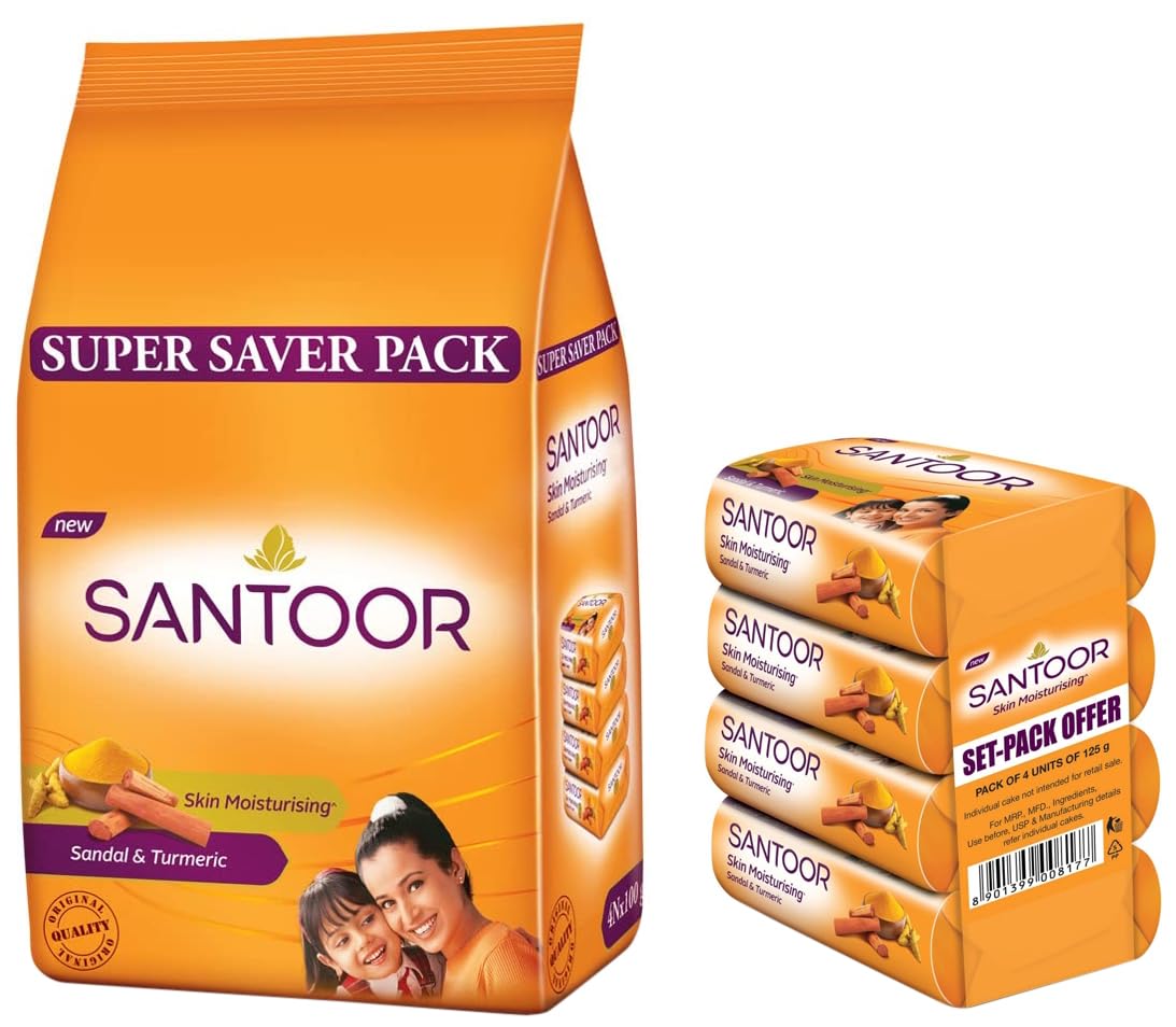 Santoor Sandal and Turmeric Soap (Pack of 4 soaps 125g each) & Santoor Sandal & Turmeric Soap for Total Skin Care, 100g (Pack of 4, Super Saver Pack)