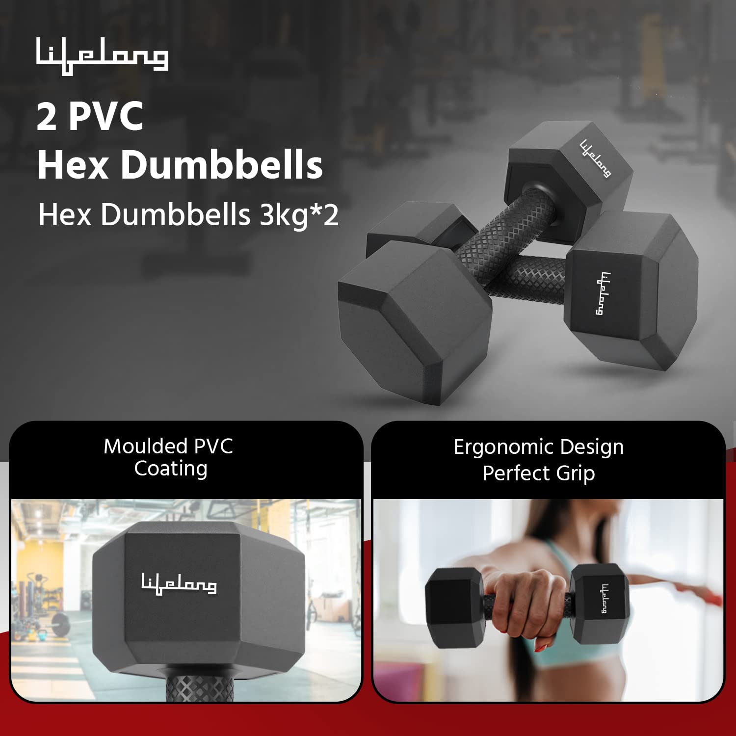 Lifelong PVC Hex Dumbbells Pack of 2 (3kg*2) for Home Gym Equipment Fitness Barbell |Dumbbells Weights for Men & Women (6 Months Warranty, Black, LLPVCD03) image 4