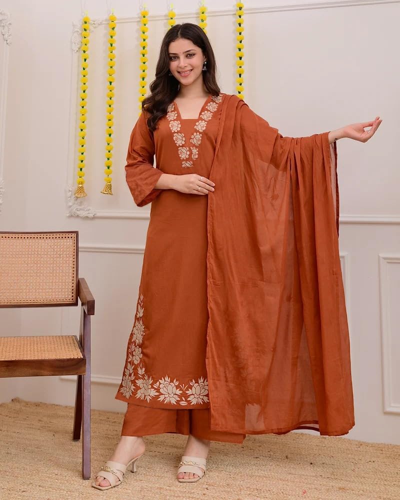 ANNI Designer Pure Cotton Embroidered Kurta Set for Women | Rust Orange Kurta with Pants & Dupatta | Floral Neck & Hem Embroidery | Cotton Kurta Set for Women | 10 Colour Options Available image 4