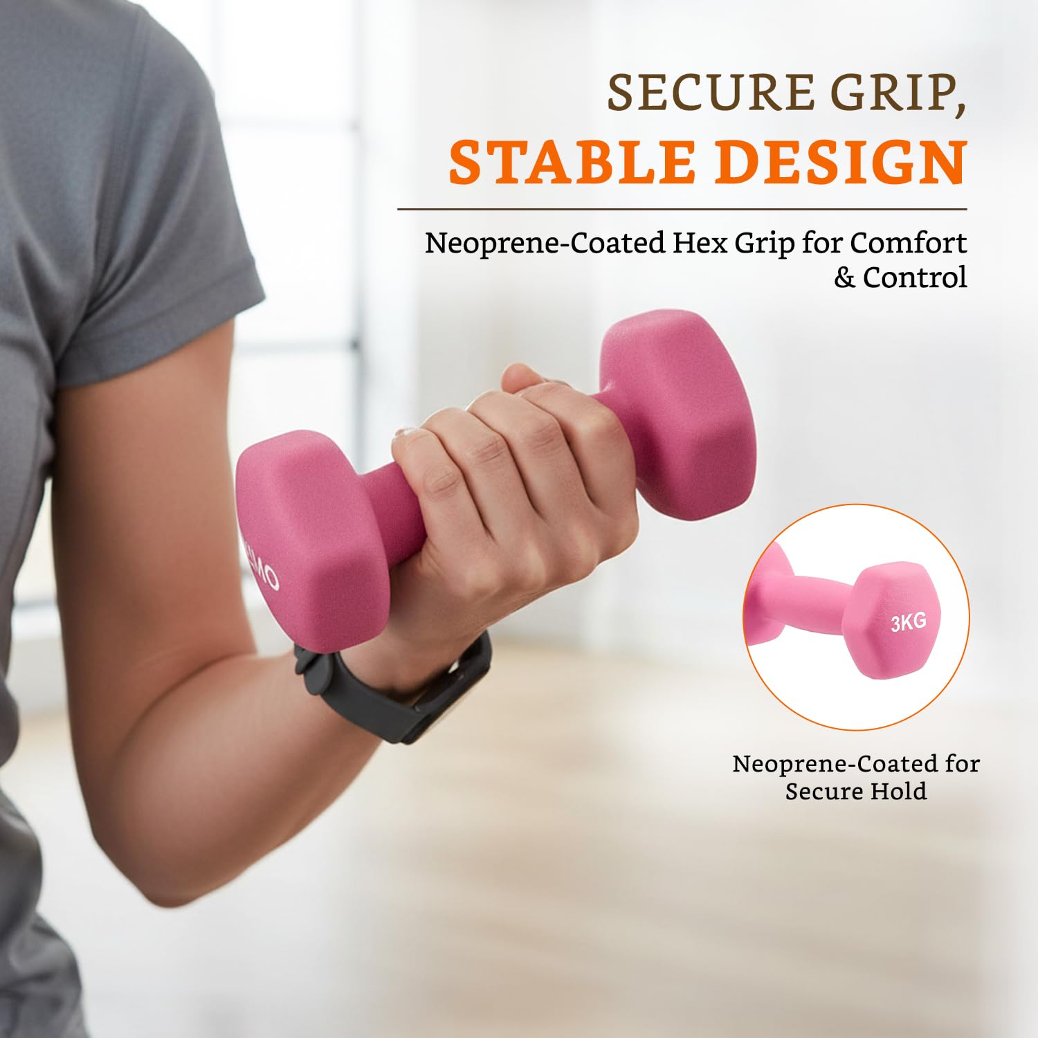 Amazon Brand - Solimo Neoprene Dumbbell 3 Kg, Set of 2 (Light Pink) image 3