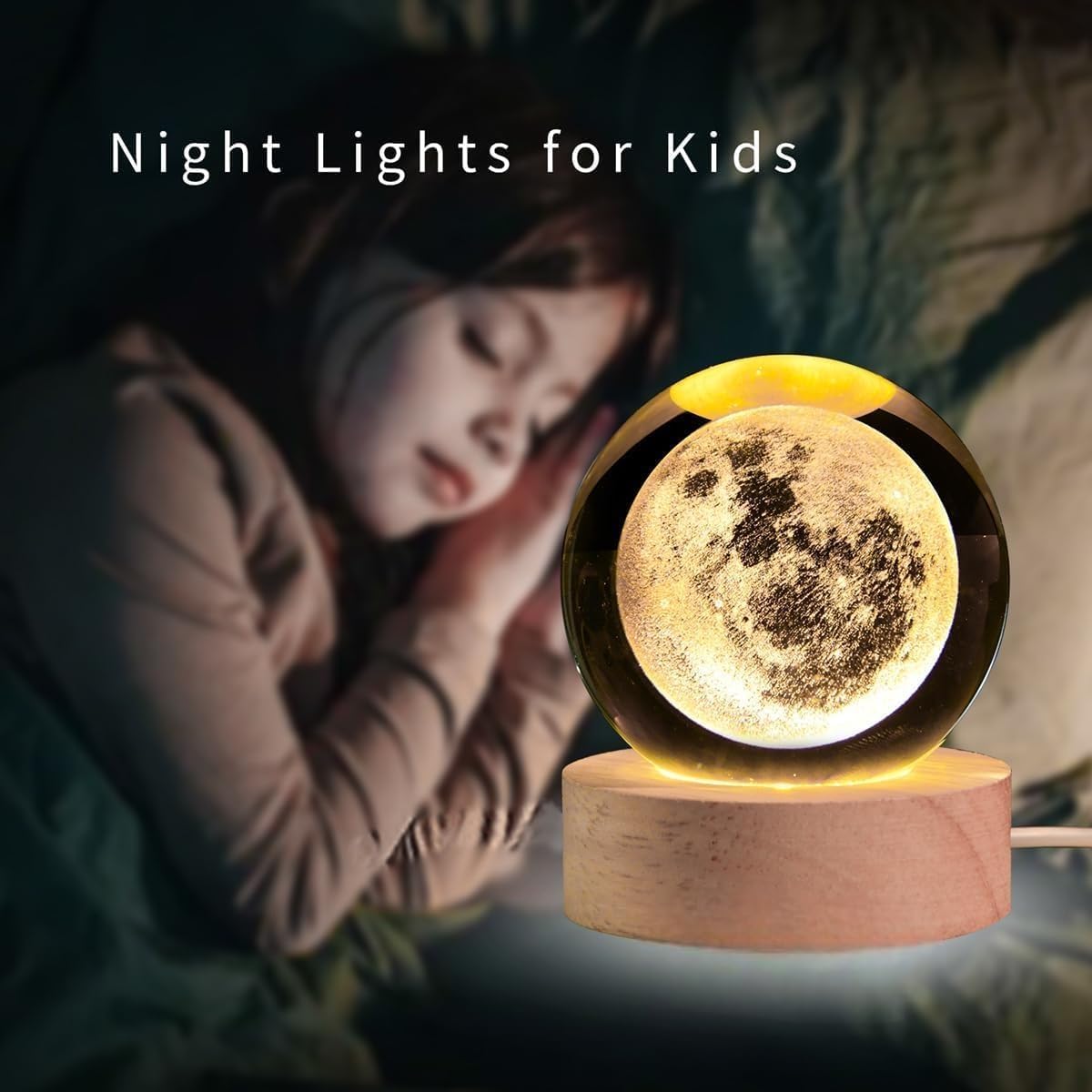 Desidiya Moon Crystal Ball Night Light,2.4 Inch Glass Ball Night LED Lamp with Woodern Base,Decorations Gifts for Men,Women,Kids,Boys,Girls | Gifts for Woman | Valentine Gift for Girlfriend image 2