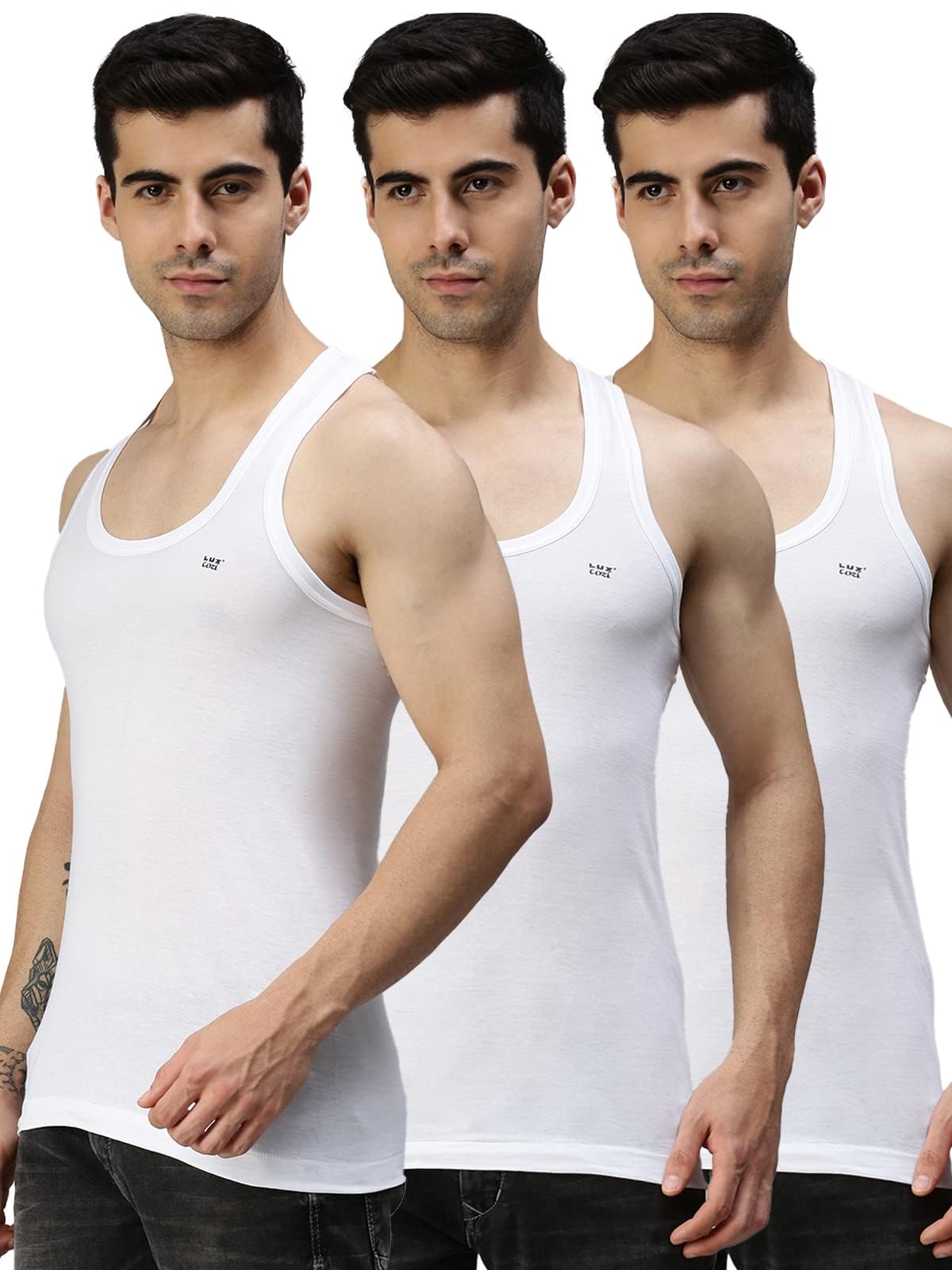 Lux Cozi Men's White Round Neck Sleeveless Cotton Regular Fit Vest (Pack of 3)