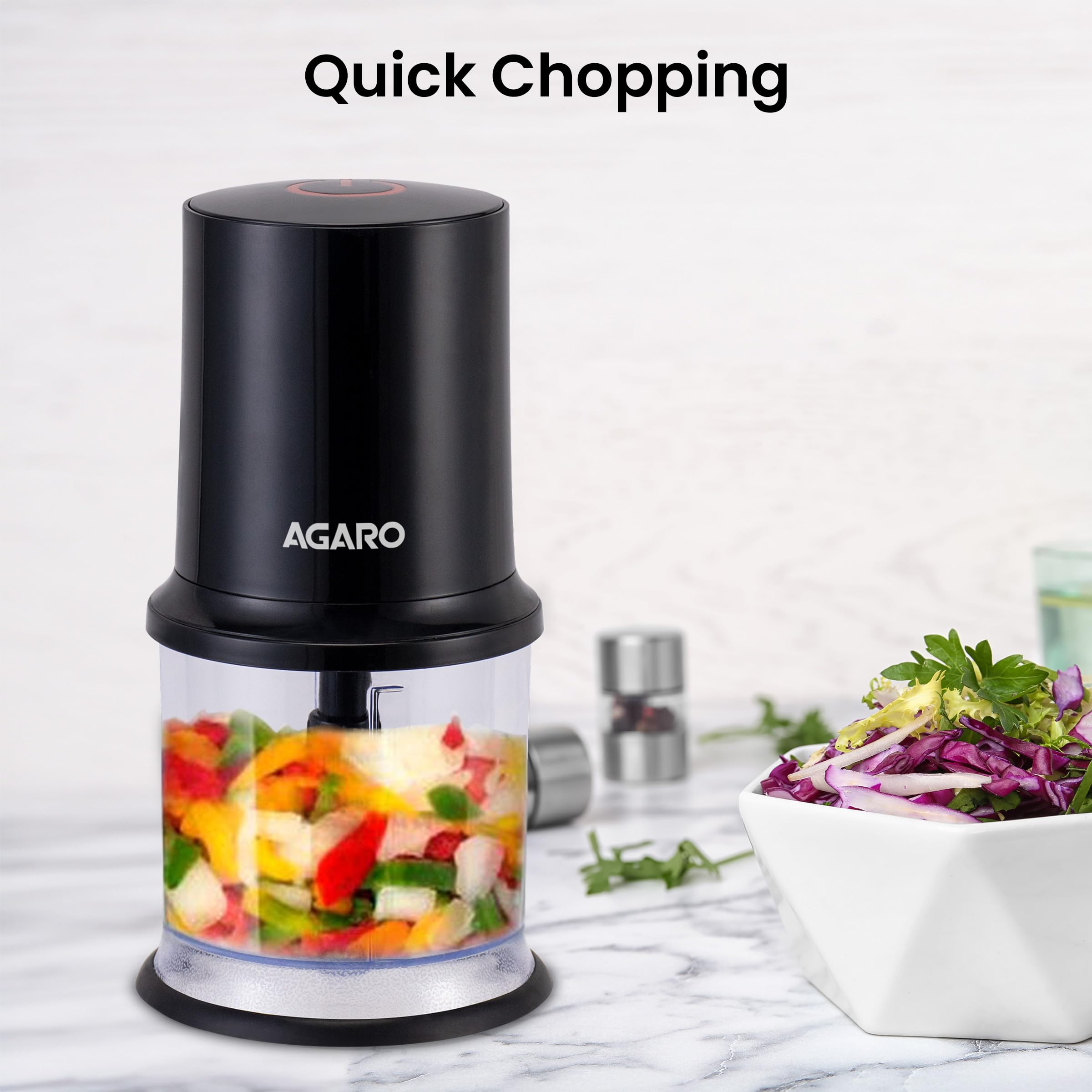AGARO Electric Chopper, 400 Watts, Vegetable Chopper, Cutter, 100% Pure Copper Motor, Chop, Mince, Dice, Twin Stainless Steel Blade, 500 Ml, One Touch Operation, Elegant, Black. image 2