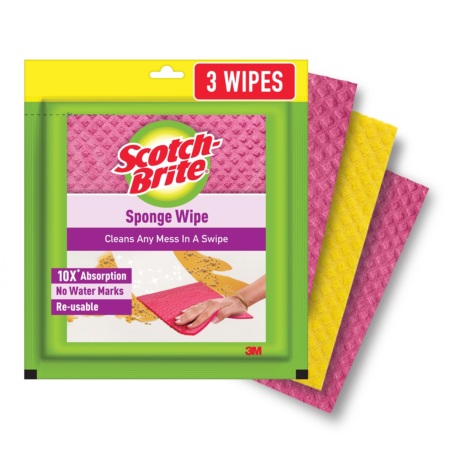 Scotch-Brite Sponge Wipes- Reusable, Kitchen and House Cleaning- Easy to use, Cleans any mess in a swipe, Absorbs water its own 10x weight, Multi- color, Biodegradable (pack of 3)