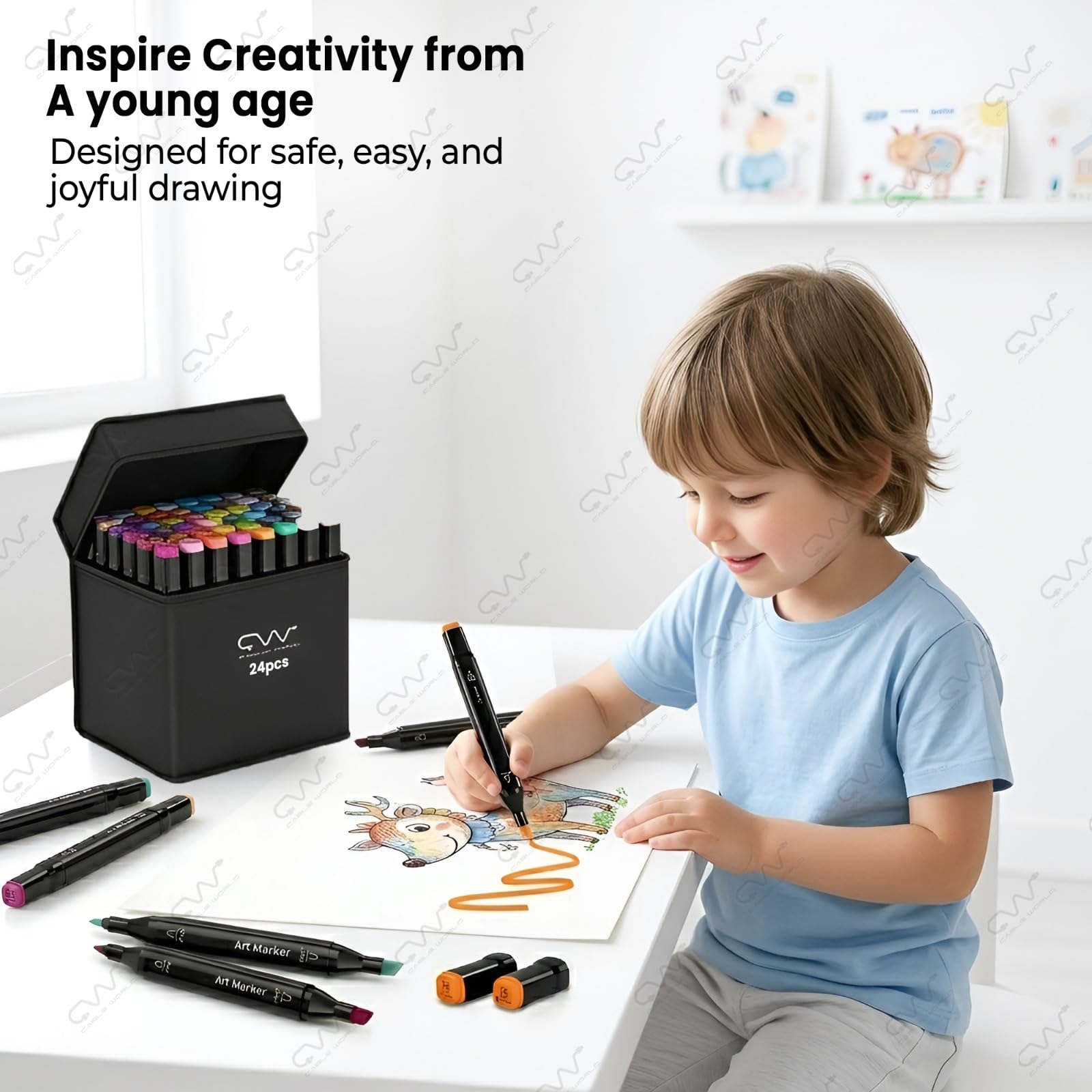 Cable World Dual Tips 24 Colors Markers Set, Art Markers for Adult Coloring Books, Artist Drawing Sketch Markers Set with Fine & Brush Tip (24 Pcs) image 3