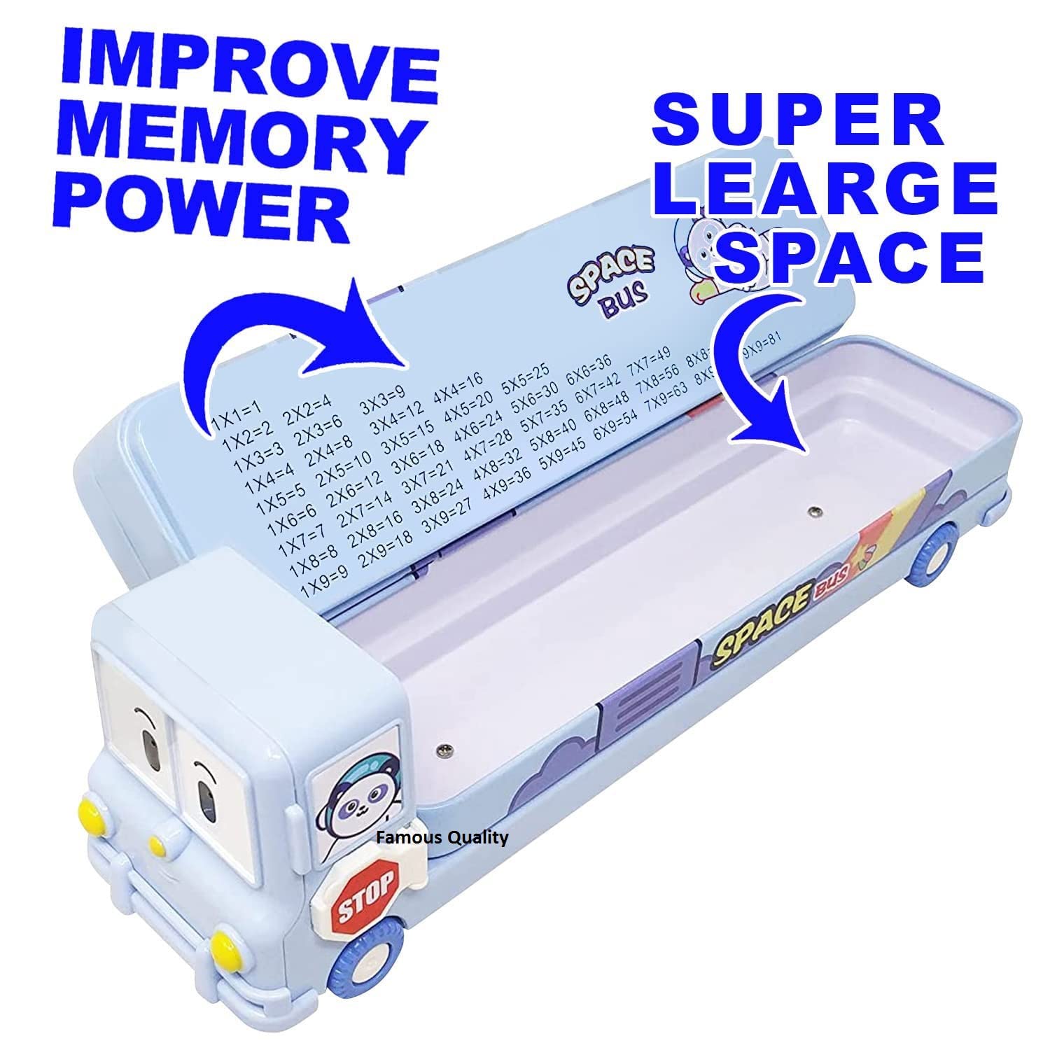 FAMOUS QUALITY® 2 in 1 - Cartoon Printed School Bus Metal Pencil Box with Moving Tyres and Sharpener for Kids - Blue,Metal image 2