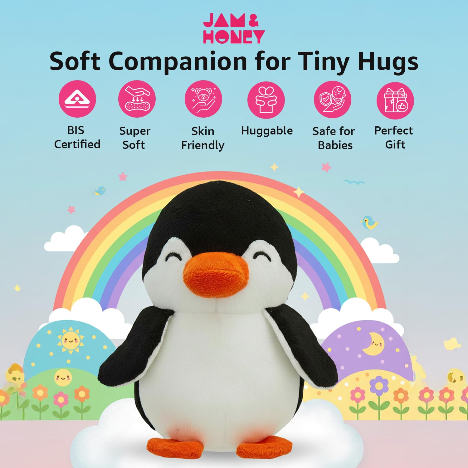 Amazon Brand - Jam & Honey Soft Penguin Plush Toy for Kids | Soft Toy for Boys and Girls | Super-Soft and Safe| Ideal for Gifting | Height 17 cm | Black and White image 2
