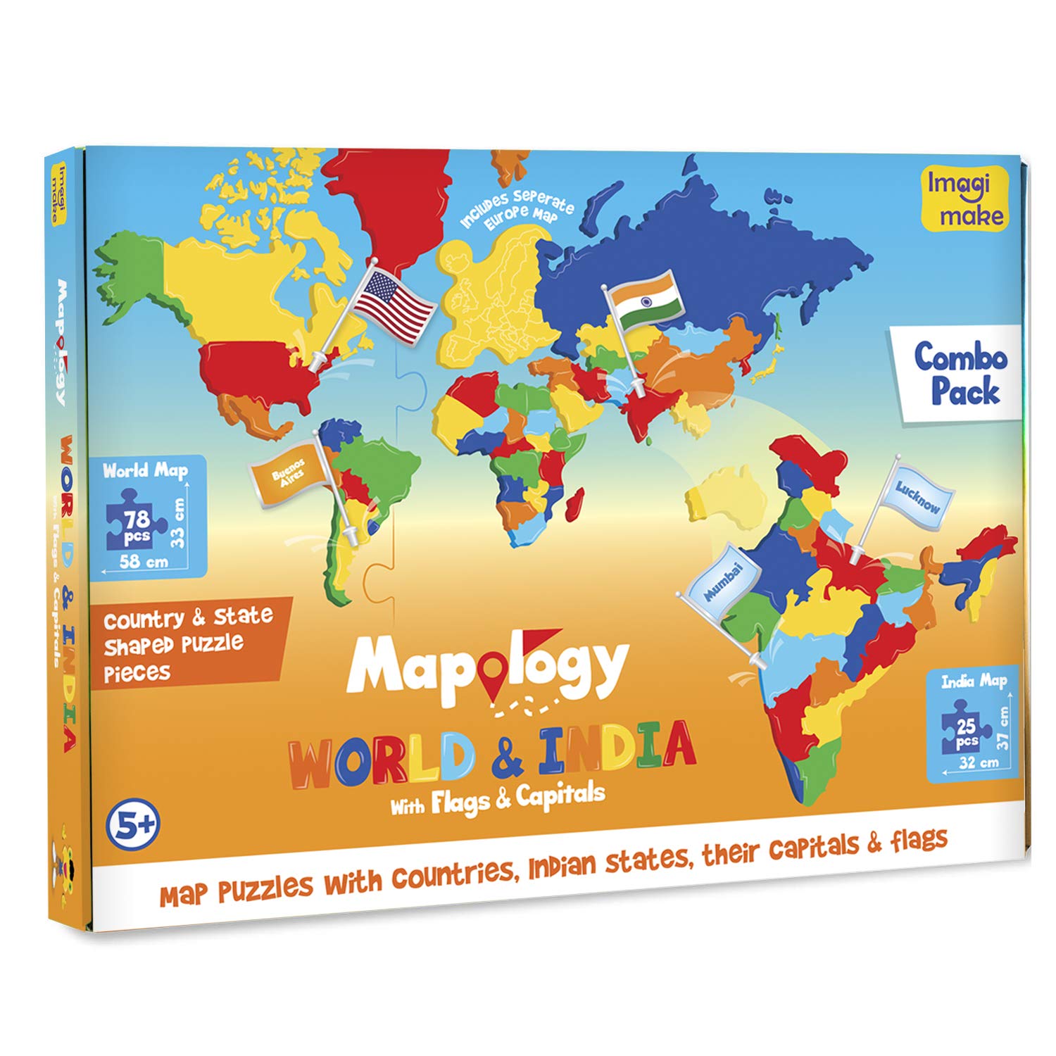 Imagimake: Mapology India and World Maps with Capitals - Learn Capitals and Country Flags - Educational Toy for Kids Above 5 Years, Multicolor image 3