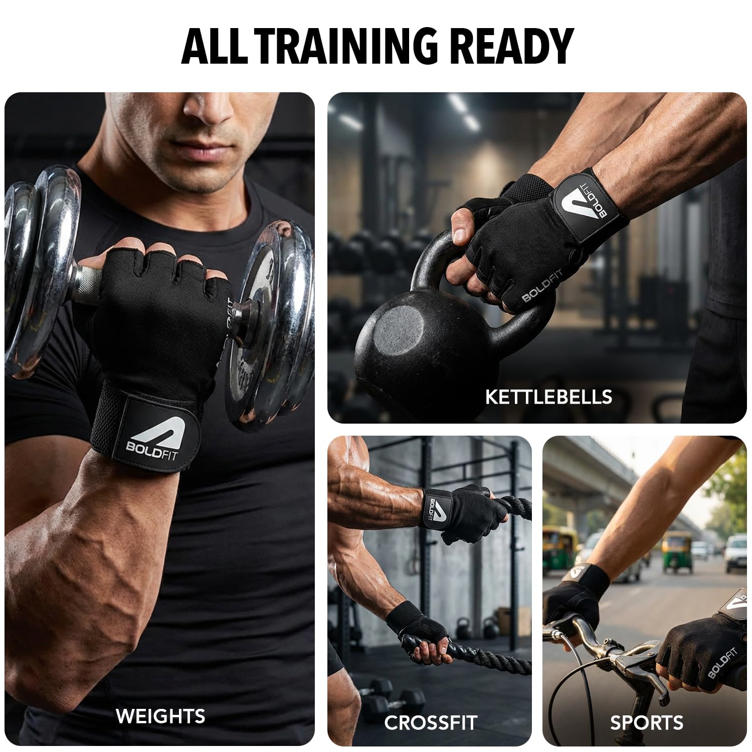 Boldfit Gym Gloves for Men Workout Unisex Hand Gloves for Gym for Men & Women with Wrist Support for Weightlifting, Workout Comfortable Fit Bike Riding, Cycling Handgloves - Warrior Black image 4