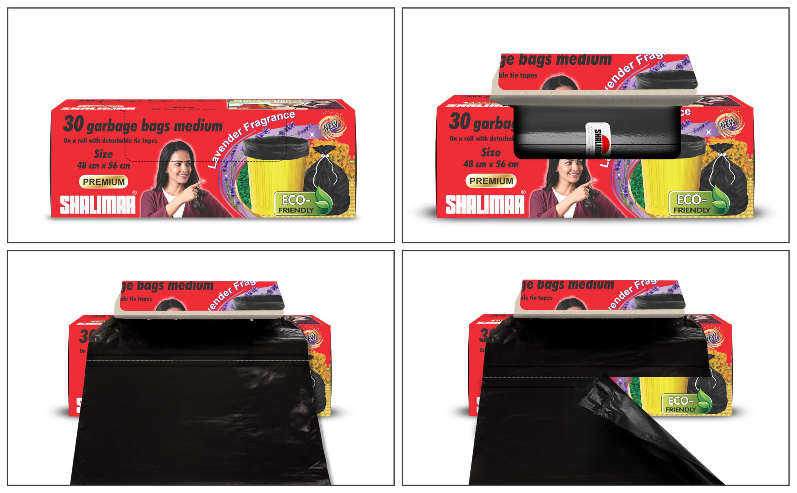 Shalimar Premium (Lavender Fragrance) Scented Garbage Bags | Medium 19 X 21 Inches | 120 Bags (30 Bags X 4 Rolls) | Dustbin Bag/Trash Bag | (Black) - Perforated Box for Easy Dispensing image 5