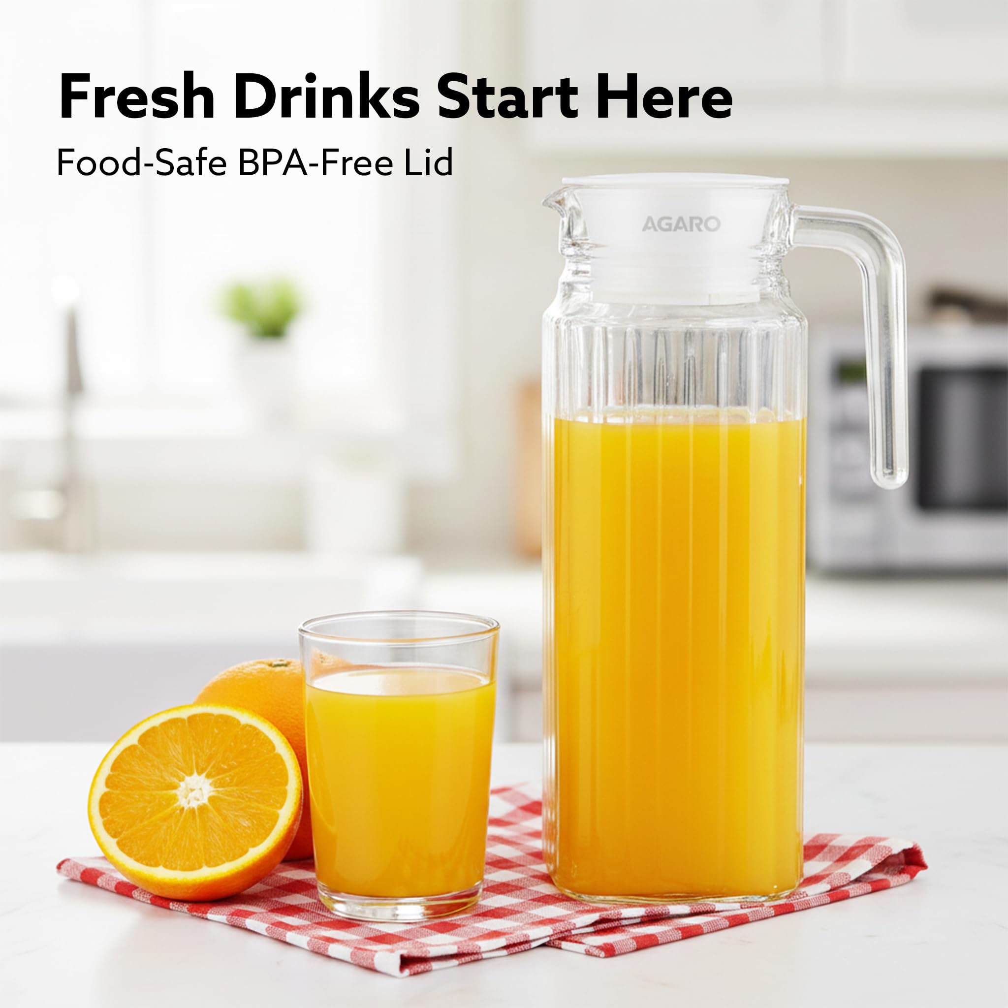 AGARO Elegant Glass Jug with Lid, 1.1L, Multipurpose Jug, Easy Pour Spout & Strong Handle, Transparent Beverage Carafe for Home, Office, Pitcher for Serve Water, Milk, Juice, Beverage, Lassi, Cocktail image 2