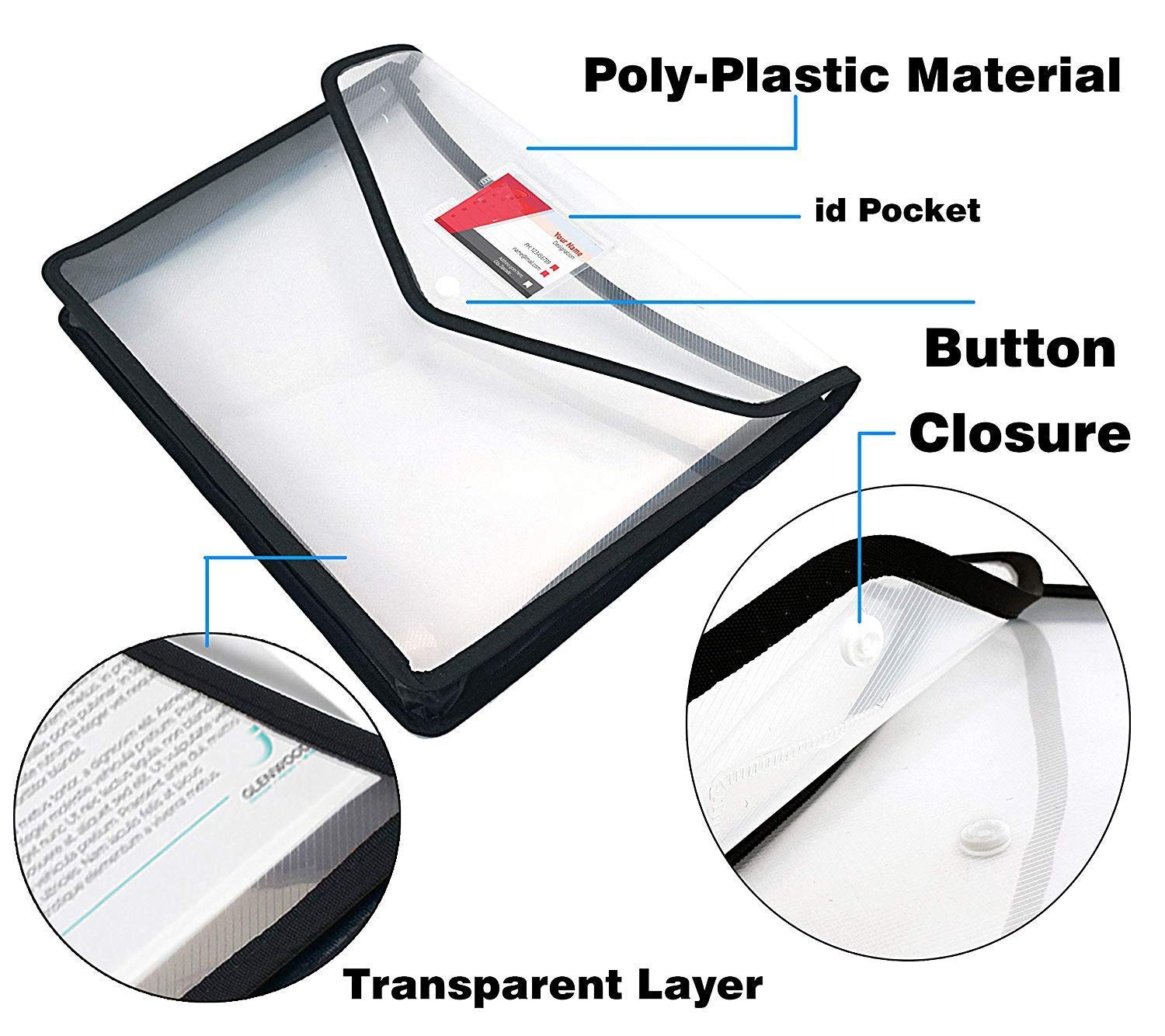 SPS File Folder, Transparent Poly-Plastic A4/Foolscap Documents File Storage Bag with Snap Button Set of 5/ Certificate File Folder image 5