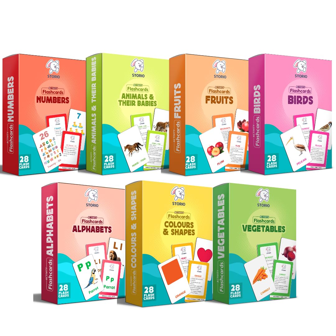 Storio Flashcards Early Learning 7 in 1 Flash Cards for Kids Babies | 196 Total Cards | Fun & Easy Language_Skills Learning Way for Preschoolers & Toddlers | 12+ Months