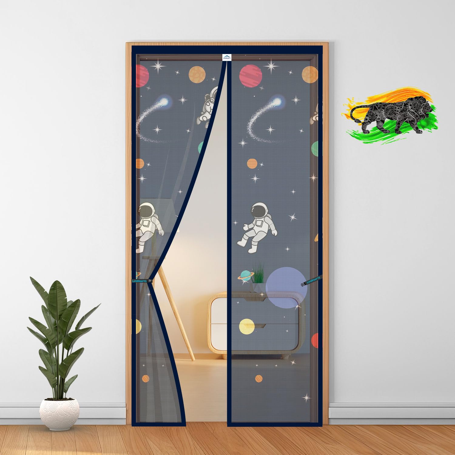 LifeKrafts Polyester Door Mosquito Net with Magnets | Color Planet Theme with Dark Blue Background | Mosquito Curtain for All Door Types and Sizes | Auto Close Insect Screen | Size 210 * 100cm