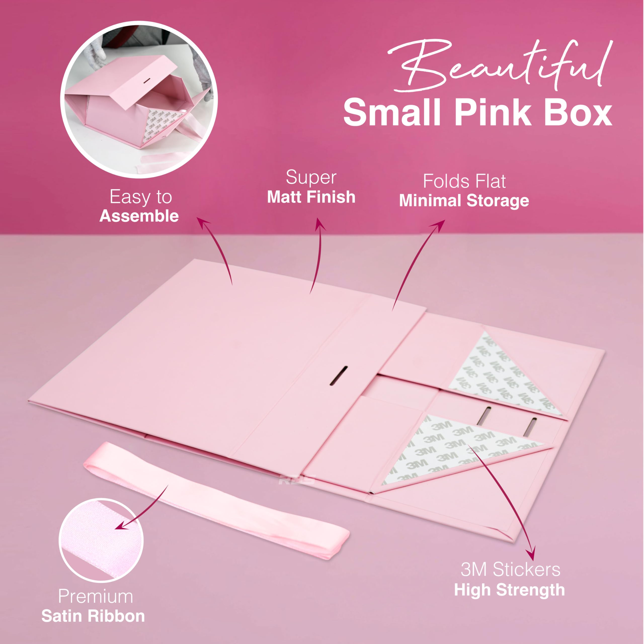 RBS® - Foldable Gift Box with Ribbon 23 x 16 x 10cm Gift Boxes for Packaging (1 Pack) Multi-Purpose Gift Boxes for Presents Reuse Gift Packing Box Decorative Hamper Box (Pink - S) image 4