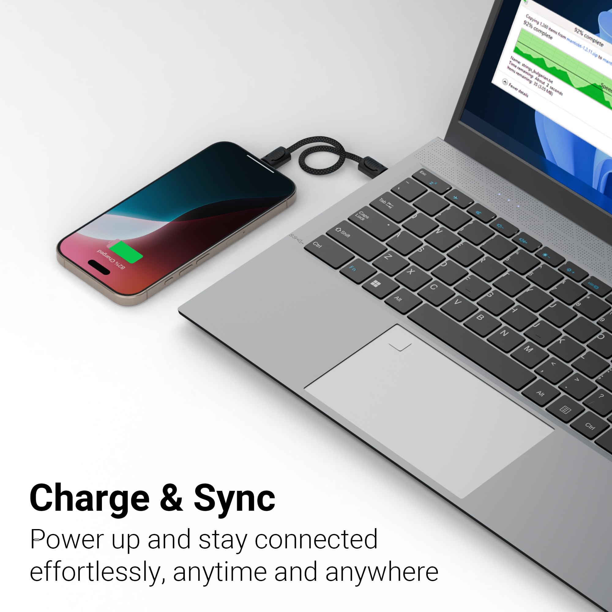 Zebronics Wattz 60CC4 Type-C to Type-C Braided Cable, PD 60W, Upto 480Mbps Data Sync, 20 cm, Durable, Charge & Sync, Rapid Charging, Compact with Keychain Case, For Laptops, Tablets, Mobiles (Black) image 4