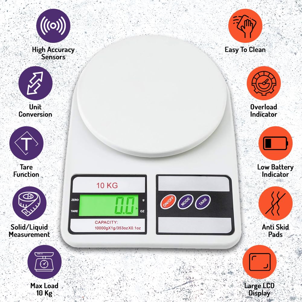ATOM ALISTON K1 Series Digital Kitchen Weighing Scale 10 kg, Electronic Weight Machine with LCD Display for Baking, Cooking, Food & Diet, SF-400/A121. 6Months Warranty (Colour May Vary) image 3