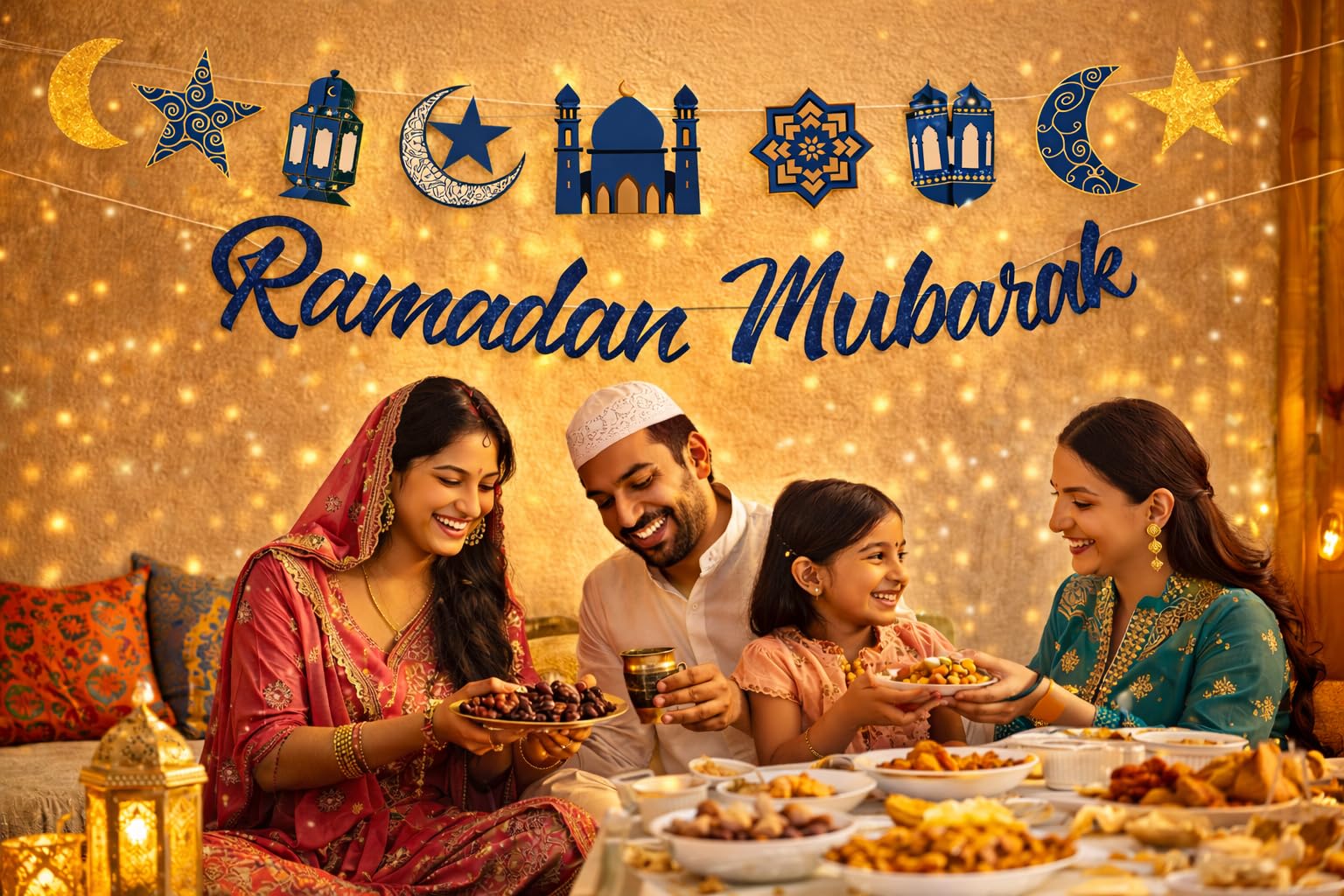 Festiko® Ramadan Mubarak Banner Decorations for Home | Gold & Blue Moon Star Bunting Garland | Eid Ramadan Islamic Hanging Party Decor | Muslim Festival Decorations (2 Pack) image 2