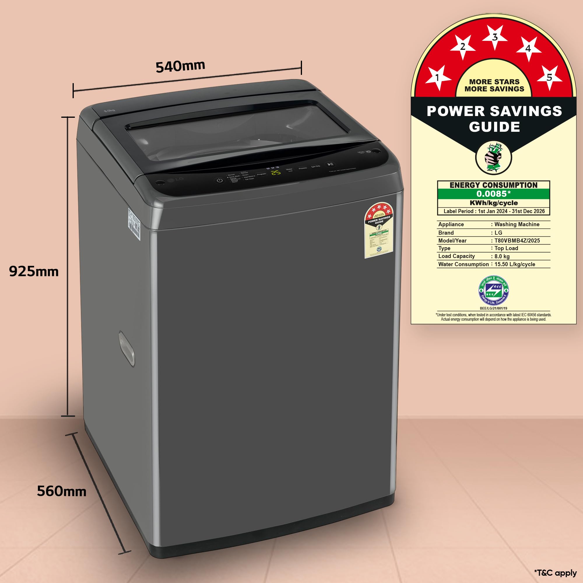 LG 8 Kg 5 Star Smart Inverter Technology Fully Automatic Top Load Washing Machine (T80VBMB4Z, Turbodrum, Auto Prewash, Stainless Steel drum, LED Display, Smart Diagnosis, Middle Black) image 5