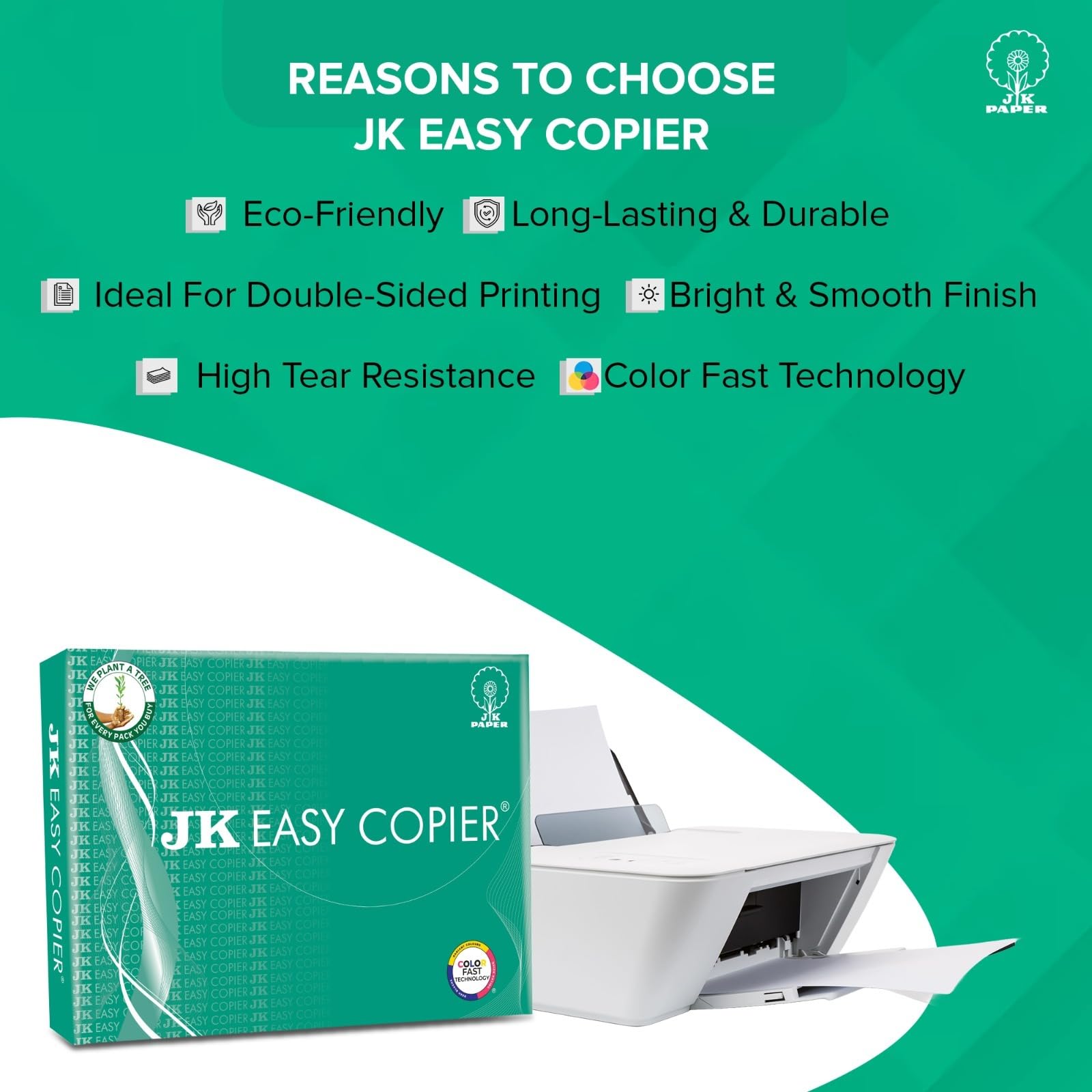 JK Easy Copier Paper | A4 Size | 70 GSM | 500 Sheets | White Paper, 1 Ream | For Laserjet & Inkjet Printer | Fast Drying | Both Side Print | Eco Friendly | ColorLok (Pack of 1) | One Ream image 3