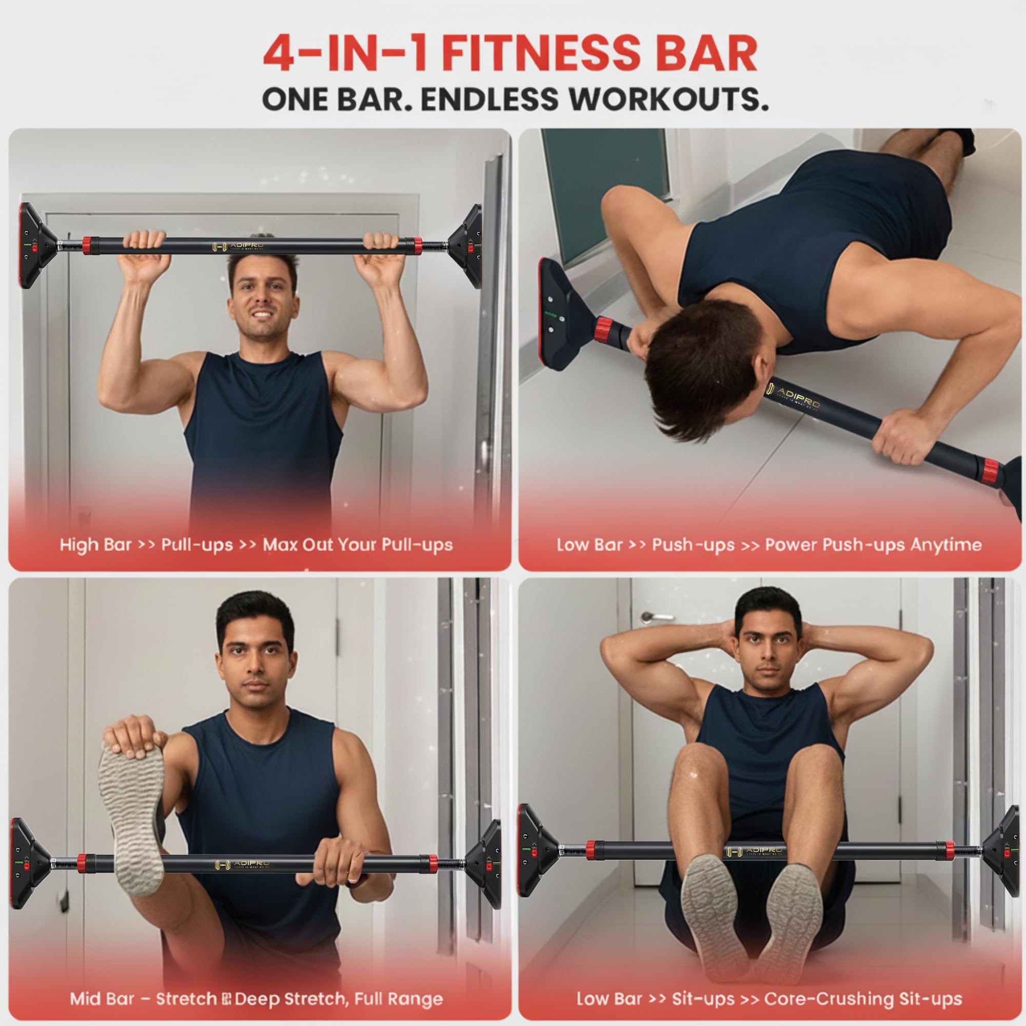 Adjustable Pull Up Bar Wall Mounted at Home and Gym | Doorway Pullup, Pushup, Hanging Workout Equipment for Kids, Women & Men | Push Up Exercise Door Rod for Strength & Height Increase (73-95 CM, Black) image 3