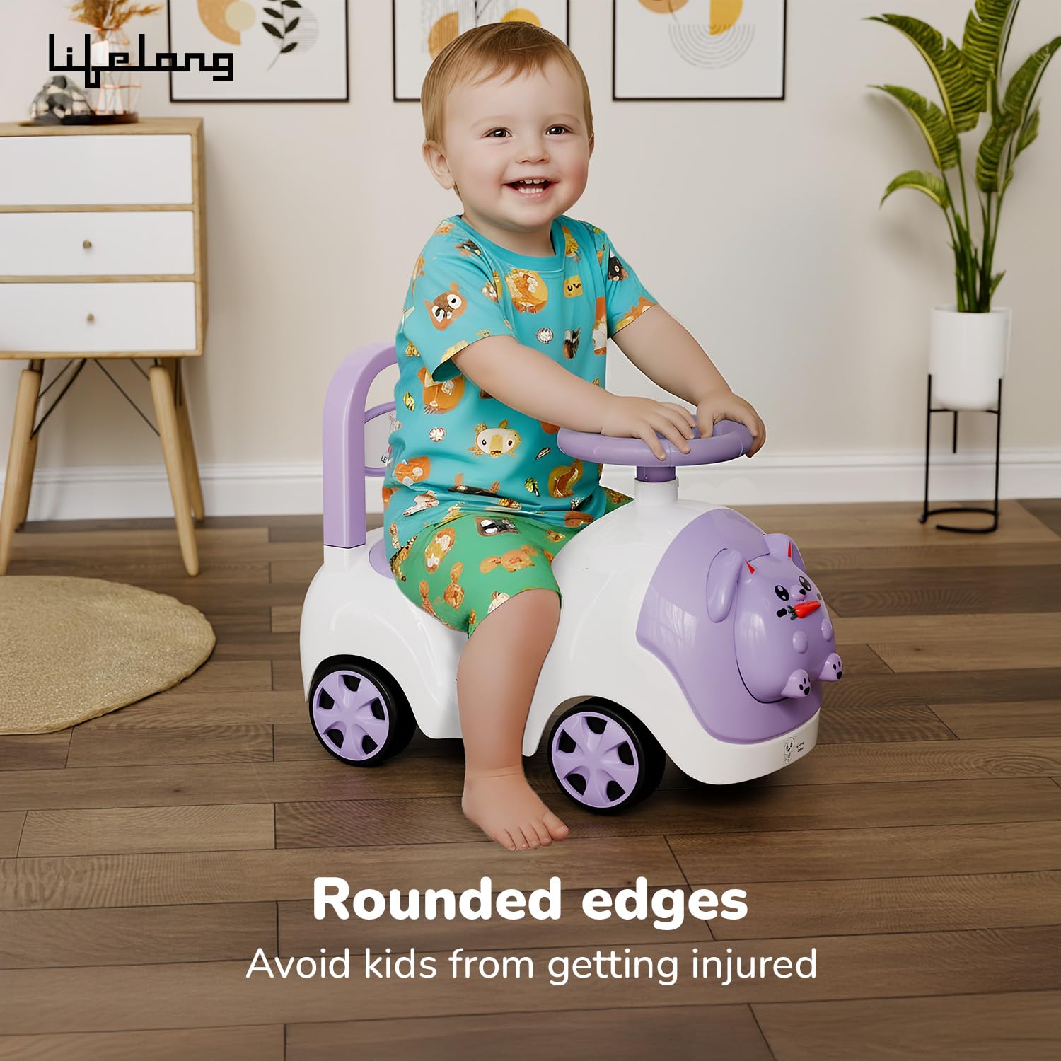 Lifelong Bunny Manual Push Ride-On Toy Car with Back Support for Boys & Girls 1-4 Years, Distraction-Free, Non-Musical, Easy Installation, 50kg Capacity, Steering Wheel, Storage, Indoor Outdoor Fun image 3