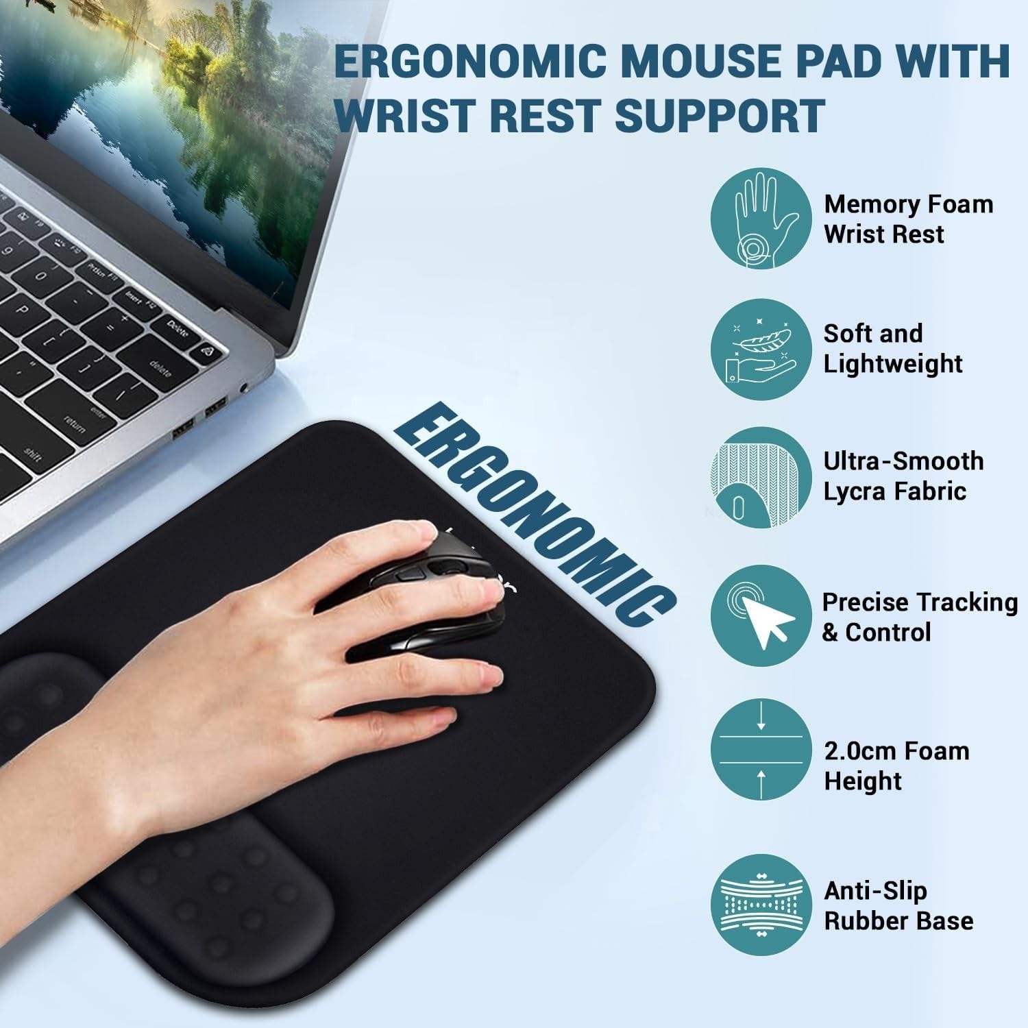 Tukzer Gel Mouse Pad Wrist Rest Memory-Foam Ergonomic Mousepad| Cushion Wrist Support & Pain Relief| Suitable for Gaming, Computer, Laptop, Home & Office Non-Slip Rubber Base (Black) image 2