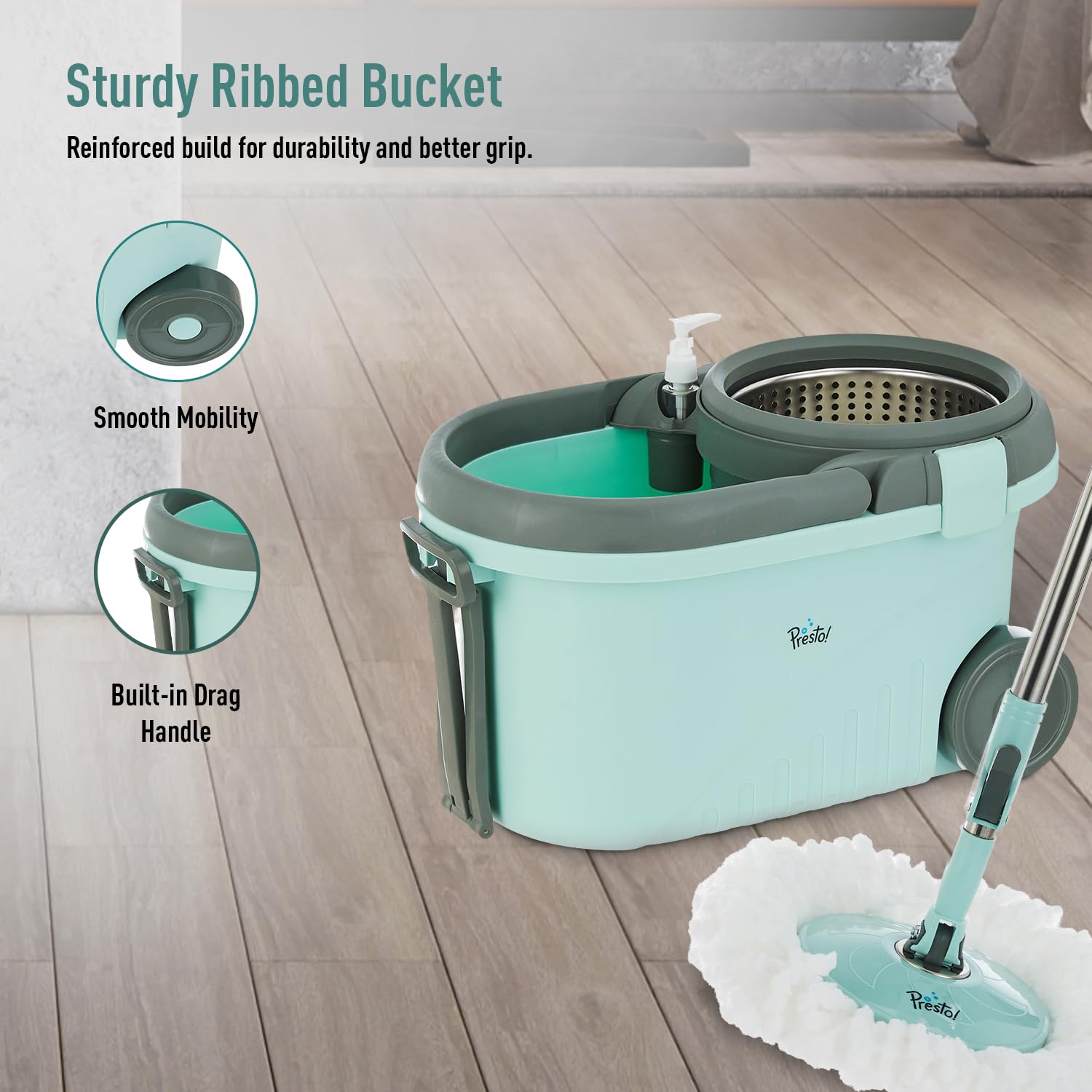 Amazon Brand – Presto! Clean Steel Spin Mop | Plastic & Stainless Steel | 2 Microfiber Refills | Big Wheels with Drag Handle | 360° Spin | Telescopic Handle | Green image 5