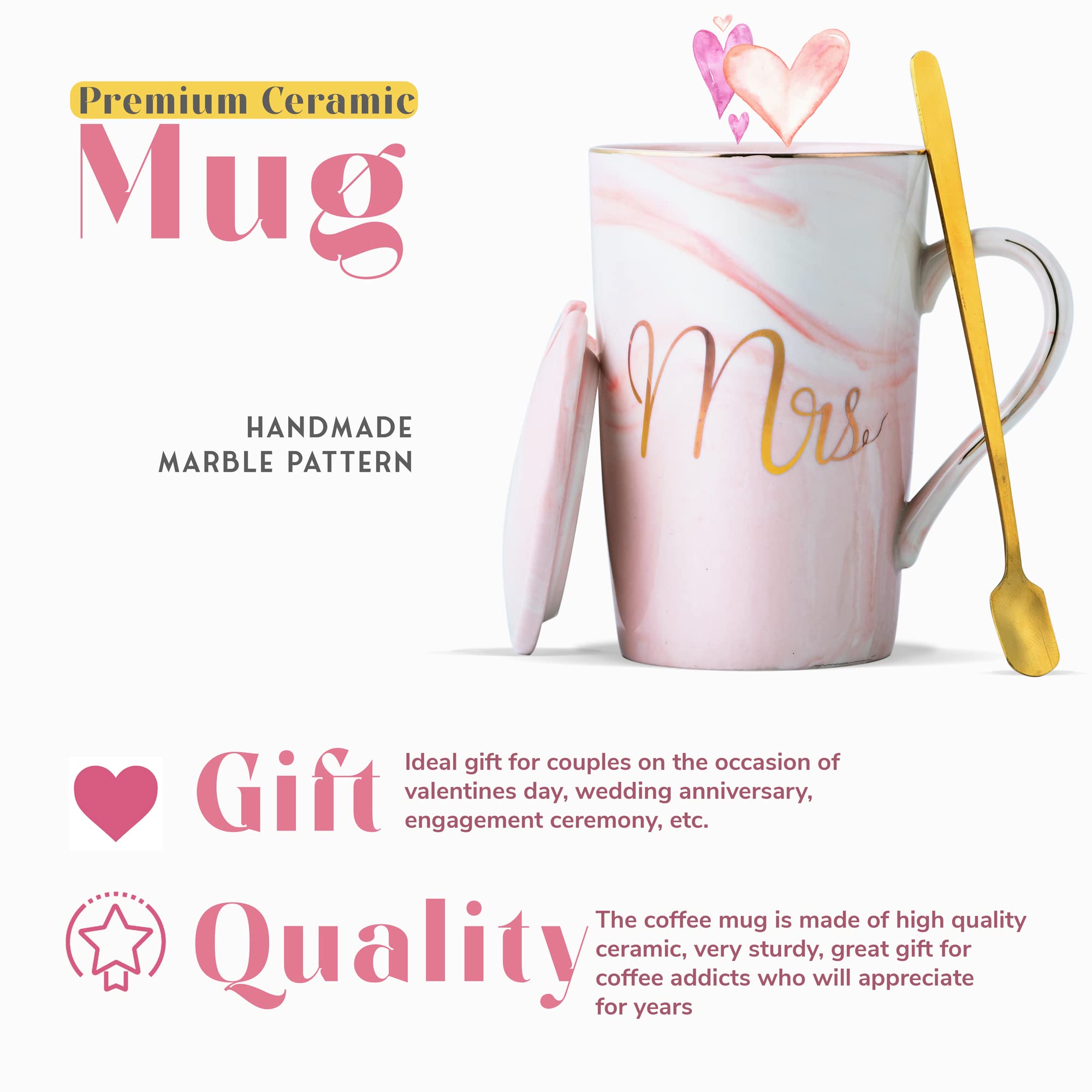 CPENSUS Ceramic Marble Finish Coffee Mug With Lid & Spoon For Anniversary Wedding Engagement Valentine Gifts For Couple 380 ML image 3