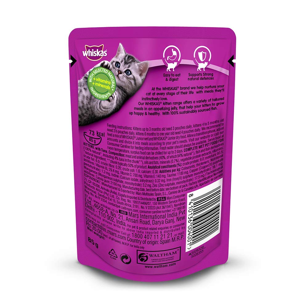 Whiskas Kitten (2-12 Months) Wet Cat Food, Tuna in Jelly Flavour, Pack of 6 x 85 g Pouches image 3