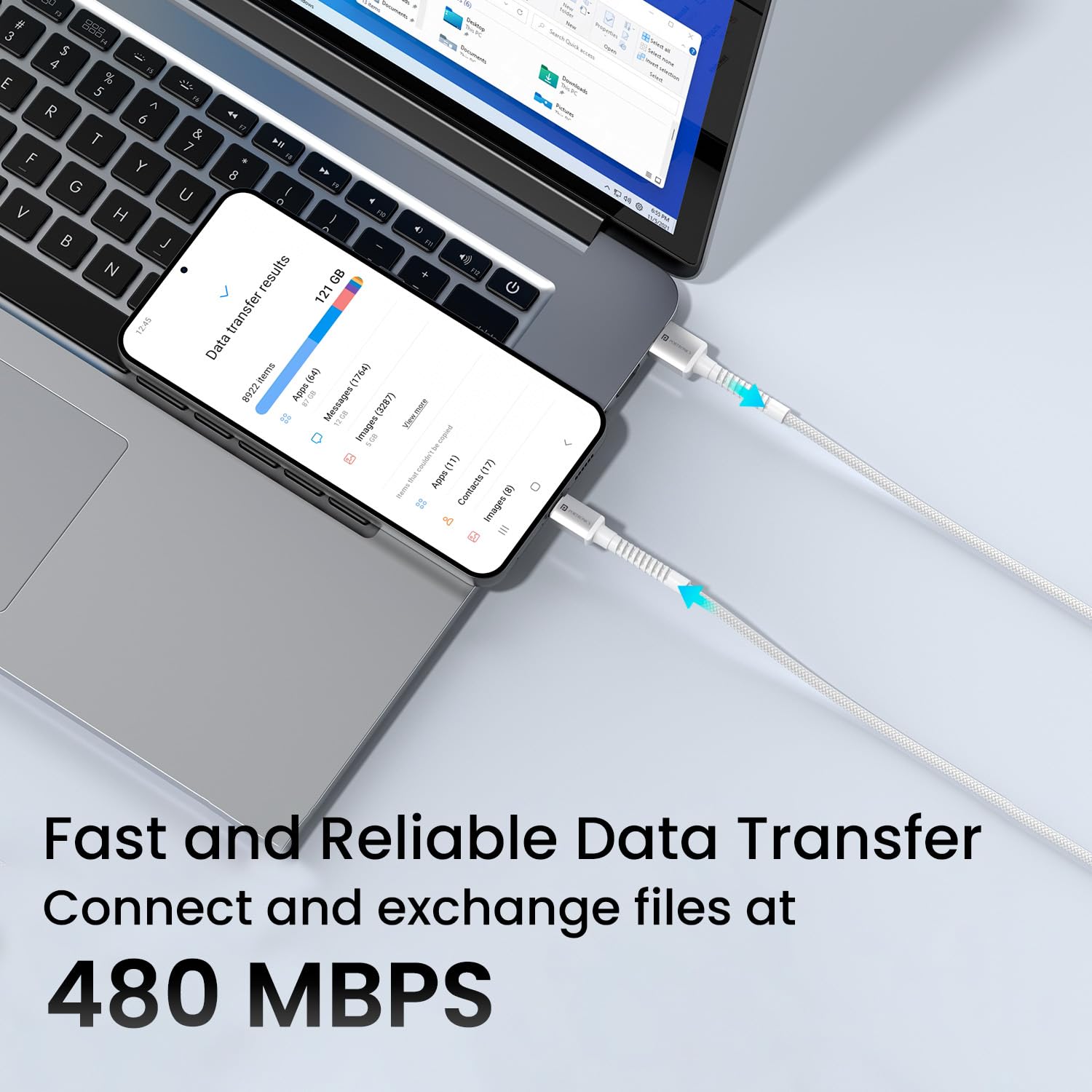 Portronics Konnect X USB to Type C Cable with 3A Output, Fast Charging & Data Transfer, Nylon Braided, Aluminium Alloy Shell, 1M Length compatible with Type C Smartphones(White) image 3