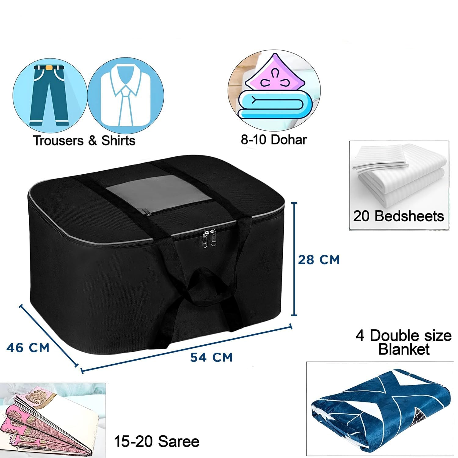 Storite Moisture Proof Nylon Large Size Foldable Underbed Storage Bag For Clothes, Blankets (54 x 46 x 28 cm) - Black, Rectangular image 2