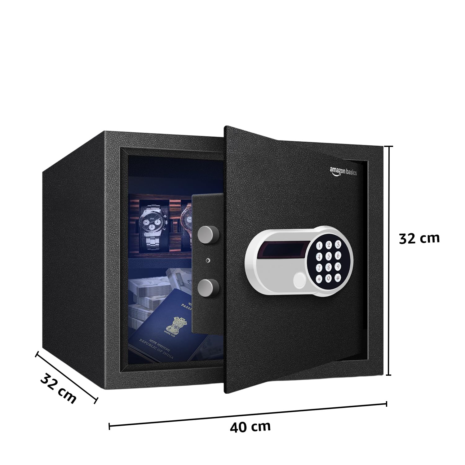 Amazon Basics 30 Litres Digital Safes for Hotel & Office - Digital Lock 3-in-1 unlocking |locker safe with Motorized Door Locking Mechanism | Size : 32 H x 40 W x 32 D(cm) | Black | Weight: 13 Kgs image 5
