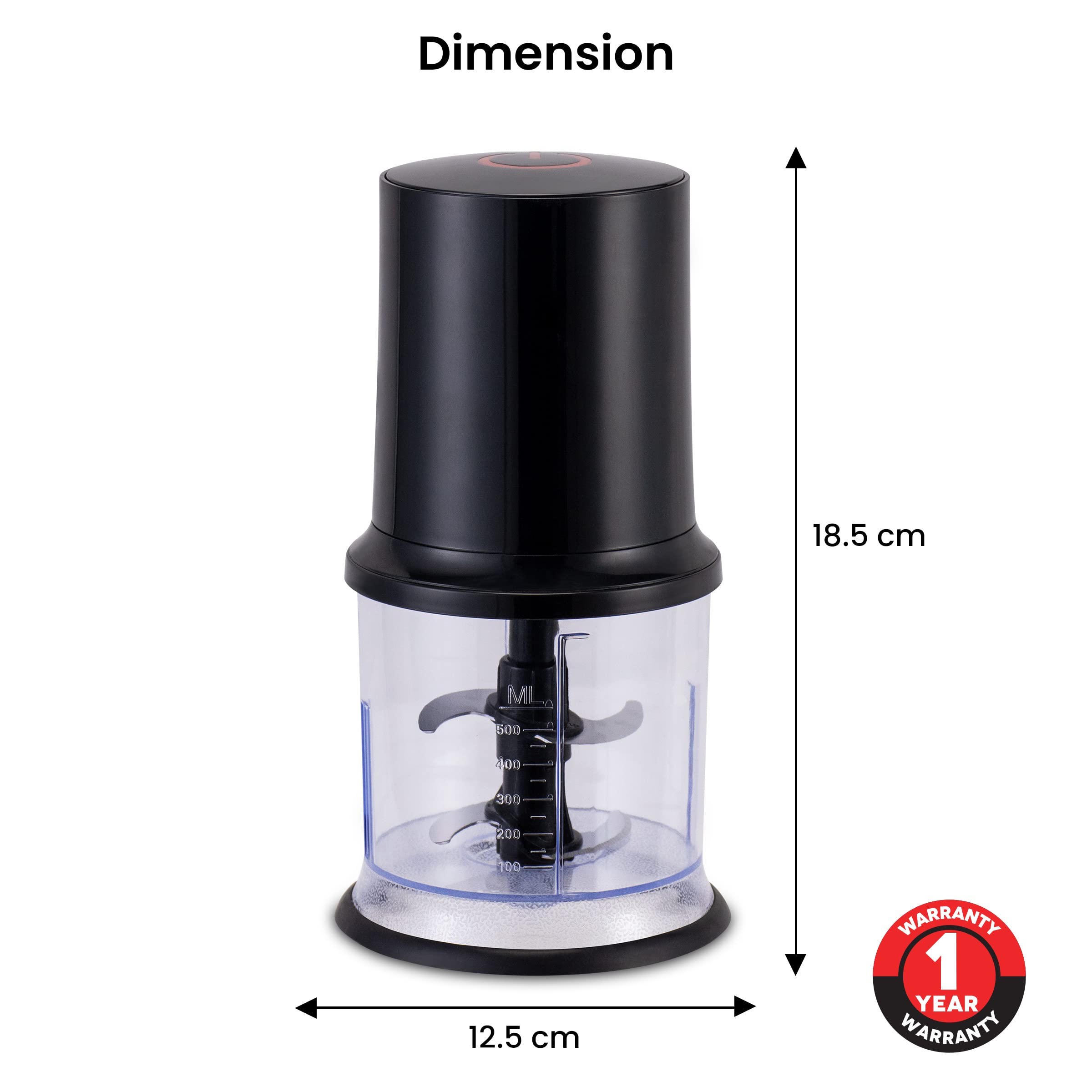 AGARO Electric Chopper, 400 Watts, Vegetable Chopper, Cutter, 100% Pure Copper Motor, Chop, Mince, Dice, Twin Stainless Steel Blade, 500 Ml, One Touch Operation, Elegant, Black. image 5