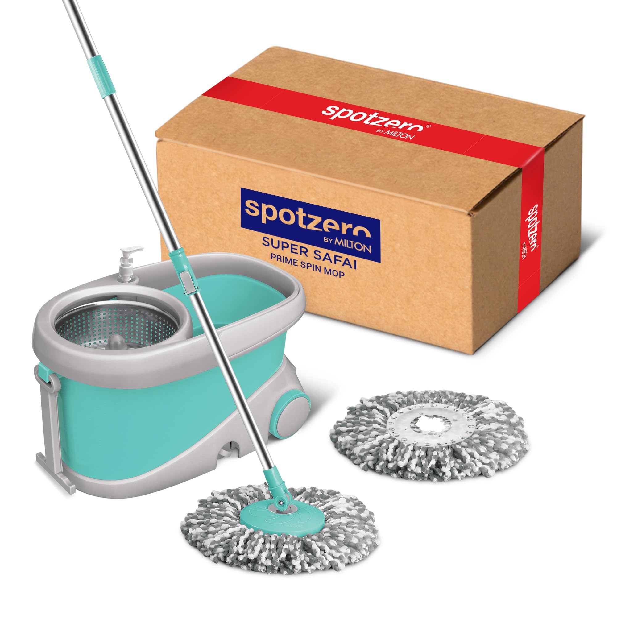 Spotzero by Milton Prime Stainless Steel Wringer Spin Mop with Big Wheel, Puller Handle, Bucket Floor Cleaning and Mopping System 360° Flexible,2 Microfiber Refills, Big Size, Aqua Green
