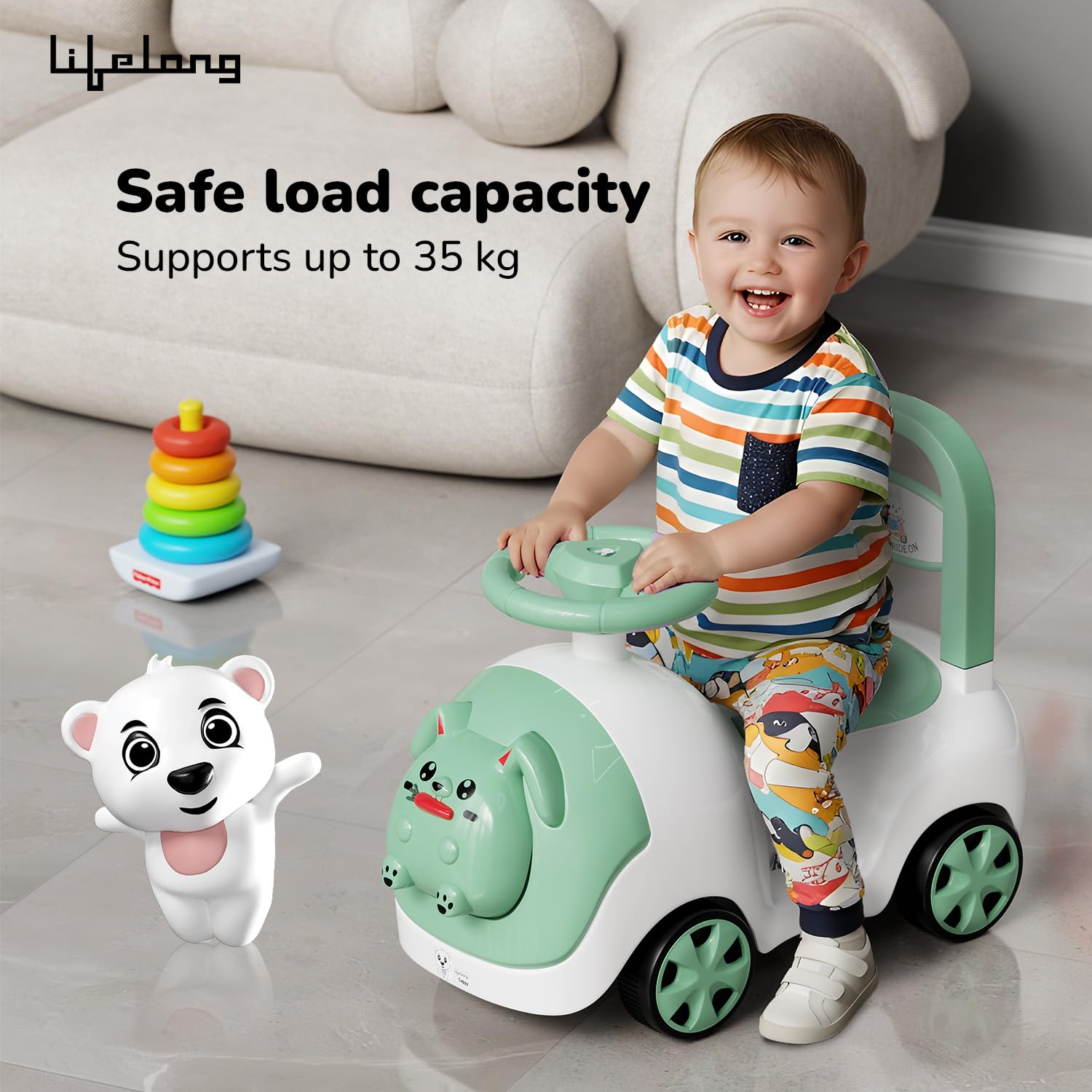 Lifelong Bunny Manual Push Rideon Toy Car with Back Support for Boys & Girls 1-4 Yrs, Non-Musical, Easy Installation, 50kg Capacity, Storage, Indoor Outdoor (LLCBBR02) image 3