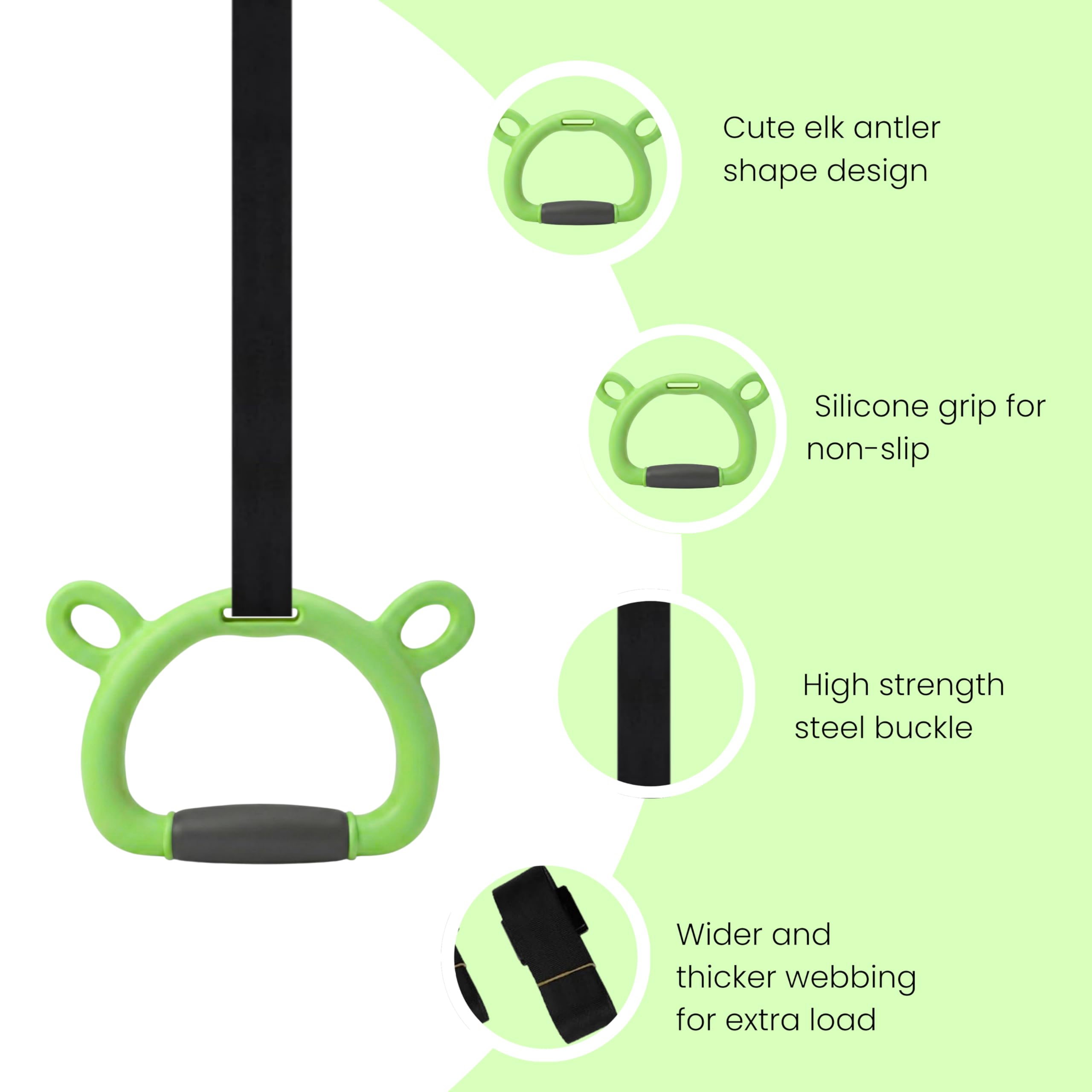 TechHark® Kids Gymnastic Rings with 11.5 Ft Adjustable Straps, Lime Green Bear Design, Up to 200Kg Capacity, Silicone Grip, Home Fitness Equipment for Children and Teens Training image 2