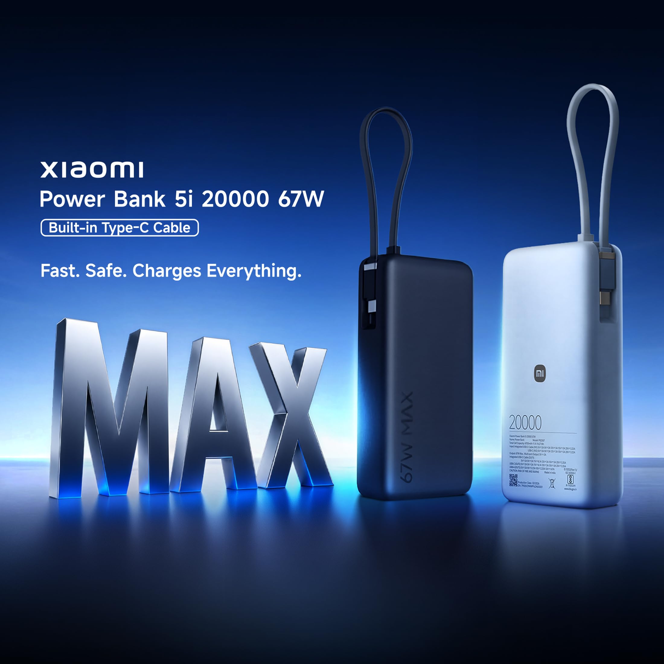 Xiaomi Power Bank 5i 20000mAh 67W Turbo Charging PD 3.0 & PPS|in-Built Cable|12 Layer Protection|Digital Display|Triple Output Ports|Supports Laptop, Tablet, Phone, Earbud (Ice Blue)- 2026 New Launch image 2