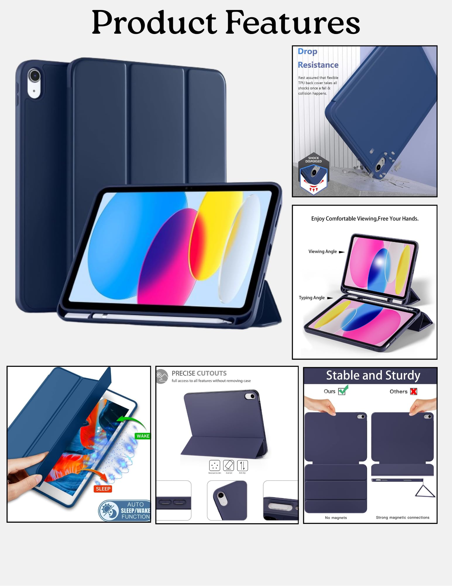 ProElite Smart Case for iPad (A16) 11th/10th Generation (2025/2022) [Auto Sleep/Wake Cover] [Pencil Holder] [Soft Flexible Case] Recoil Series for Apple iPad 10th/11th Gen - Dark Blue image 2