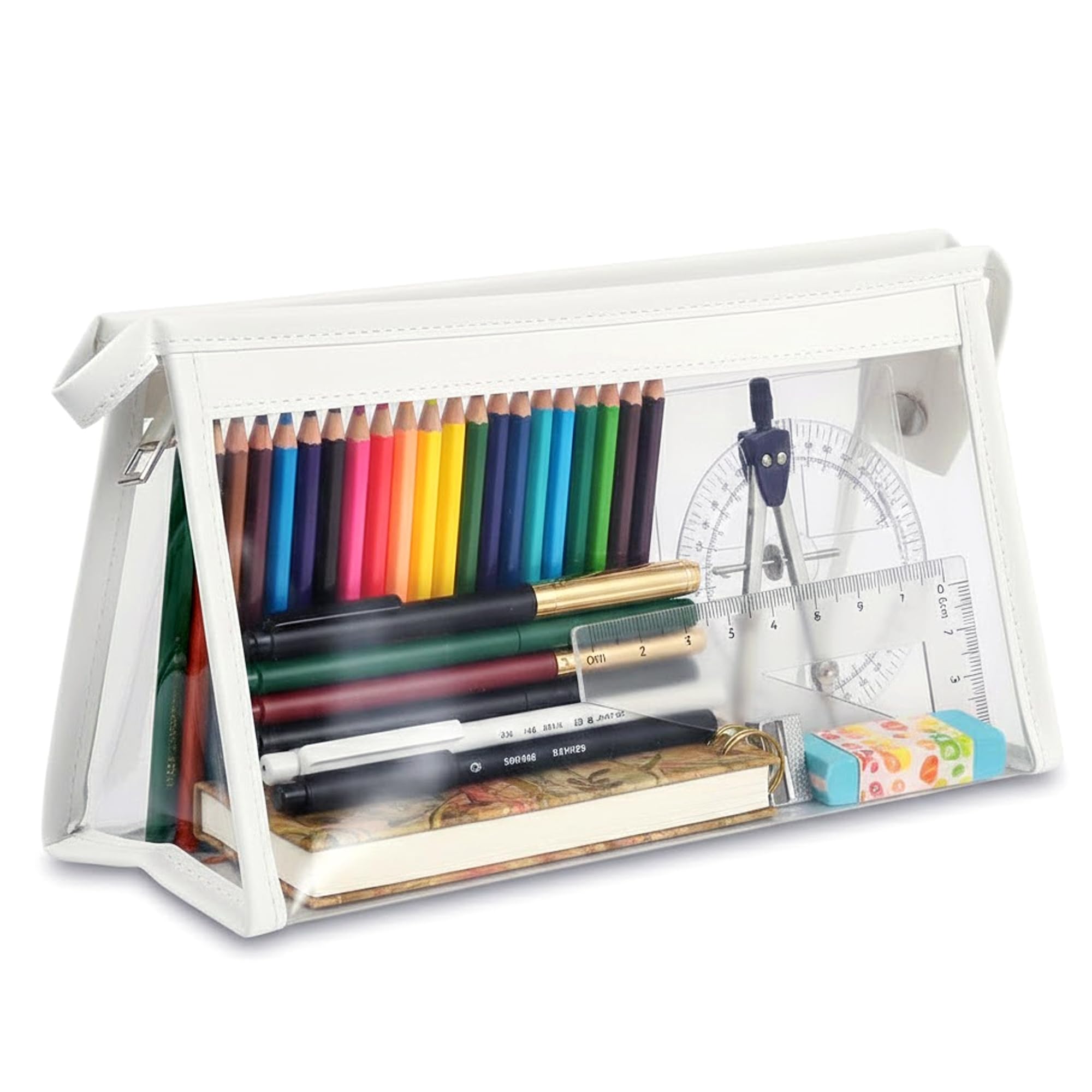 GLUN ® Stationary Transparent Pouch with Zipper Closing for Girls & Boys,Pouch for School,Collage,Office,Cosmetic Use Bag for Women,Multi-Purpose Bag,White