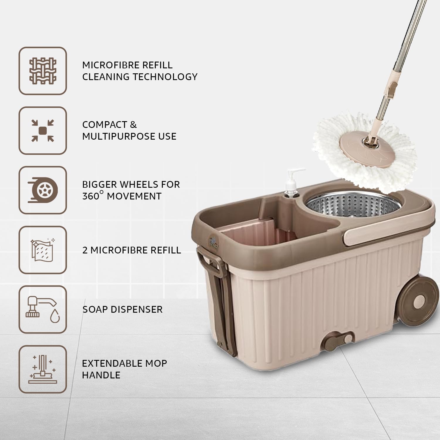 Amazon Brand - Presto! Elite Spin Mop with Steel Wringer and Auto-fold Handle, Chestnut, 2 Refills image 2
