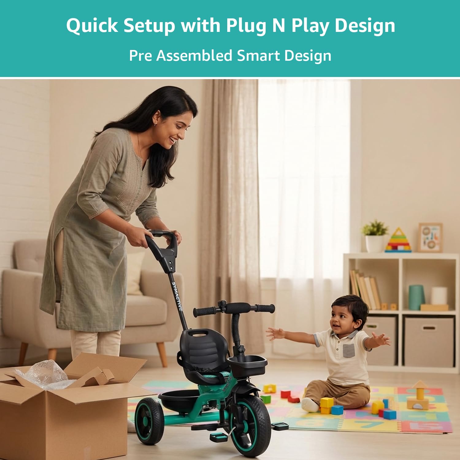 Amazon Brand - Symactive Tricycle for Kids | Plug N Play | Baby Cycle with Parental Control, Eva Wheels, Bell, Seat, Belt & Basket | Kids Tricycle | 2+ Years Unisex | Weight Limit 25 Kgs (Ice Blue) image 4