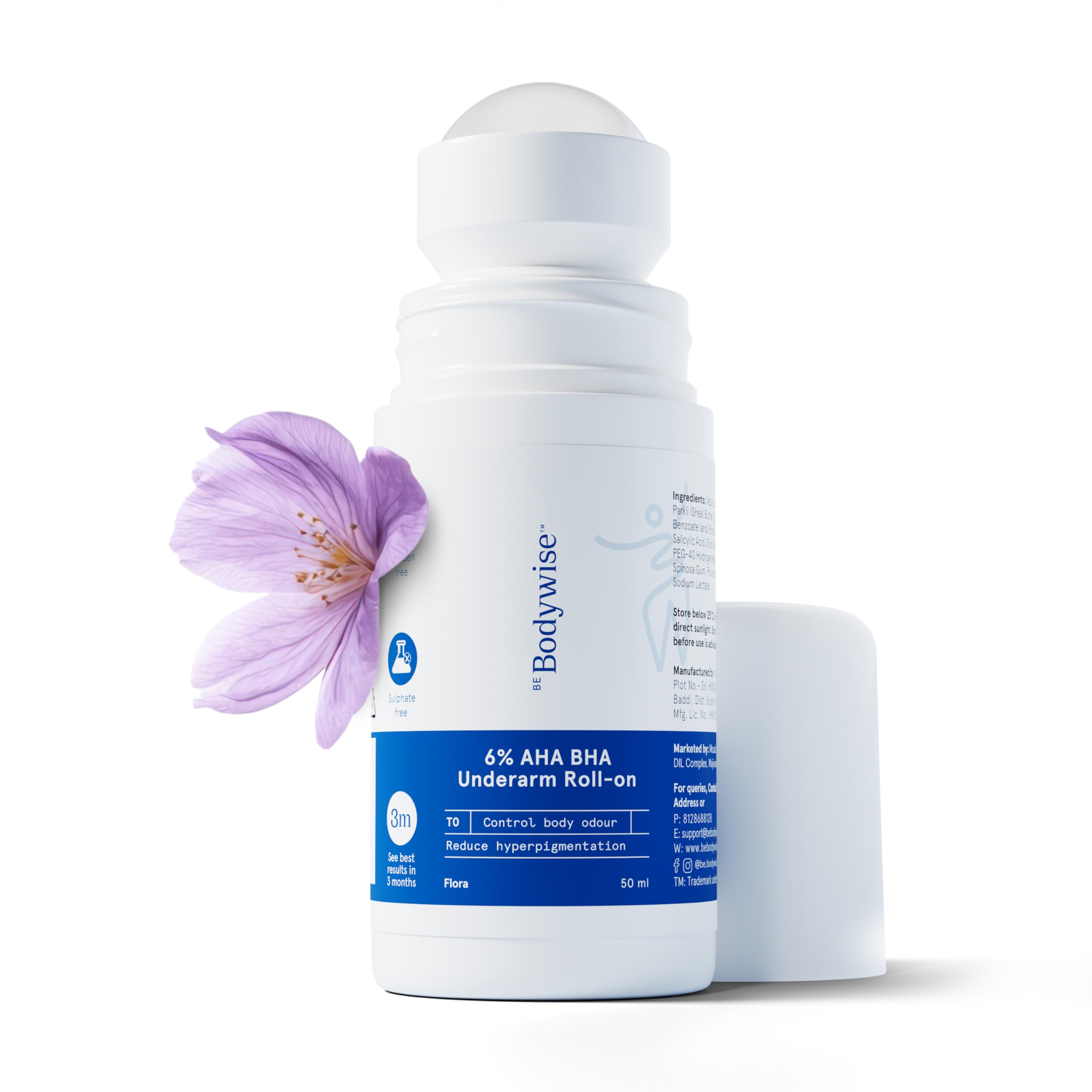 Be Bodywise 6% AHA BHA Underarm Roll On Deodorant,Flora Fragrance,1% Mandelic, 4% Lactic,1% Salicylic & Kojic Acid, Prevents Body Odour,Fades Pigmentation,Kills Bacteria, Alcohol & Aluminum Free, 50ml