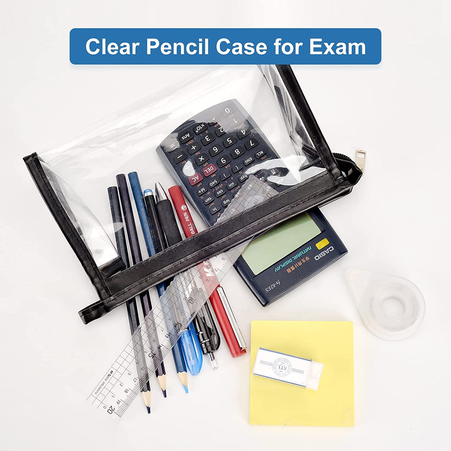 Polyurethane Large Capacity Big Pencil Pouch For Girls & Boys, Transparent Pen Bag Organizer For School, Multi-Purpose Stationary Bag Pack Of 1 (Black) image 3