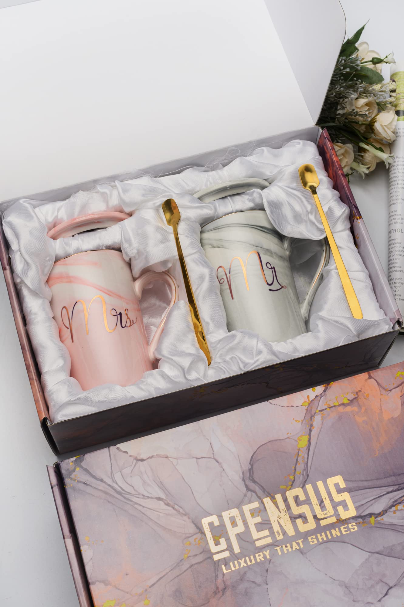 CPENSUS Ceramic Marble Finish Coffee Mug With Lid & Spoon For Anniversary Wedding Engagement Valentine Gifts For Couple 380 ML image 2