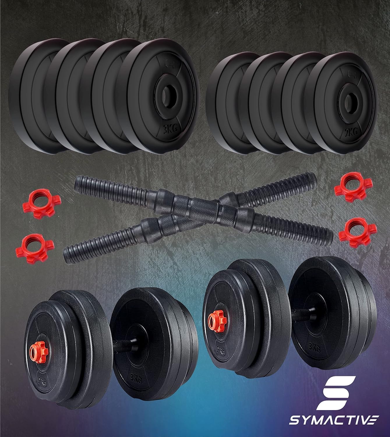 Amazon Brand - Symactive 20 Kg PVC Adjustable Dumbbells Fitness Kit for Full Body Workout (2 Kg x 4 + 3 Kg x 4 Kg Weight, One Pair 14'' Dumbbell Rods & Nuts) image 2